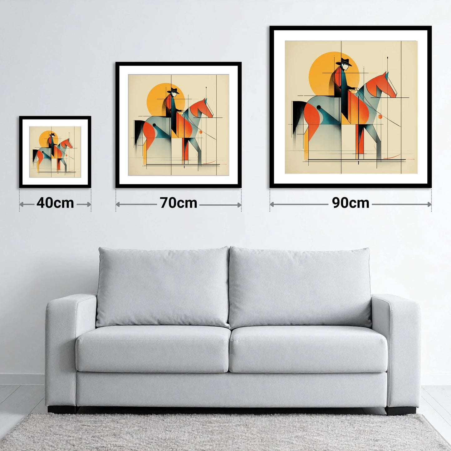 Rhythmic Western Silhouette - size guide showing 40cm, 70cm and 90cm art prints