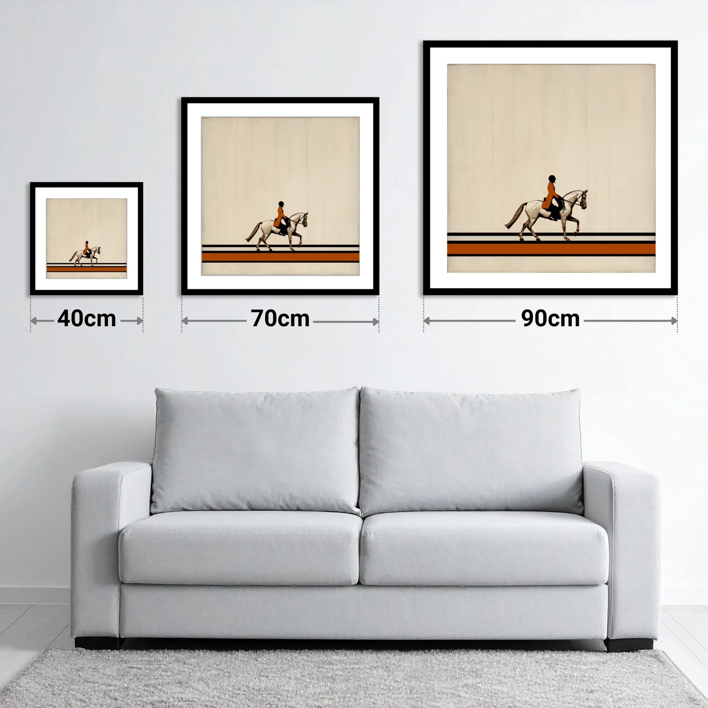 Precision in Burnt Orange - size guide showing 40cm, 70cm and 90cm art prints
