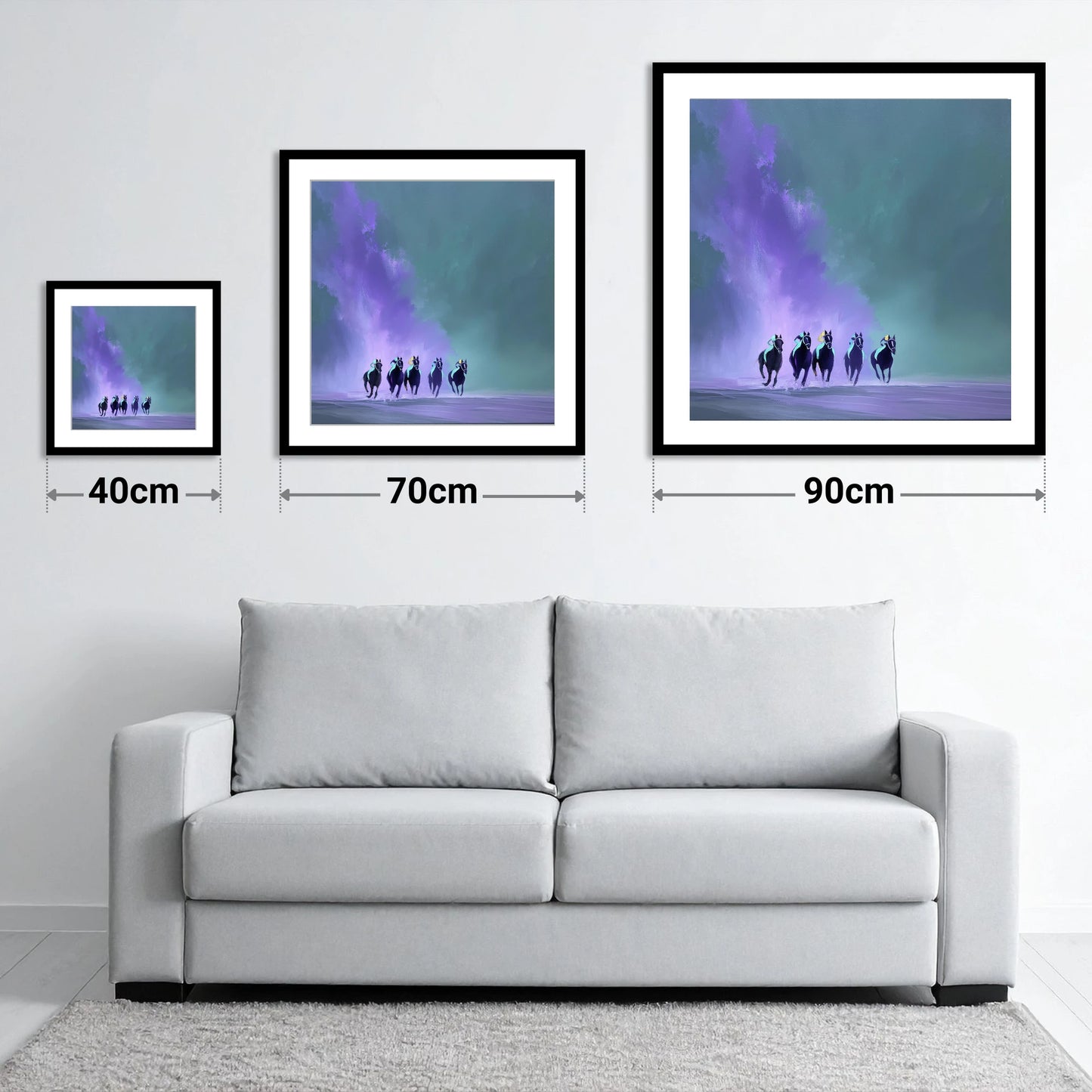 The Violet Furlong - size guide showing 40cm, 70cm and 90cm art prints