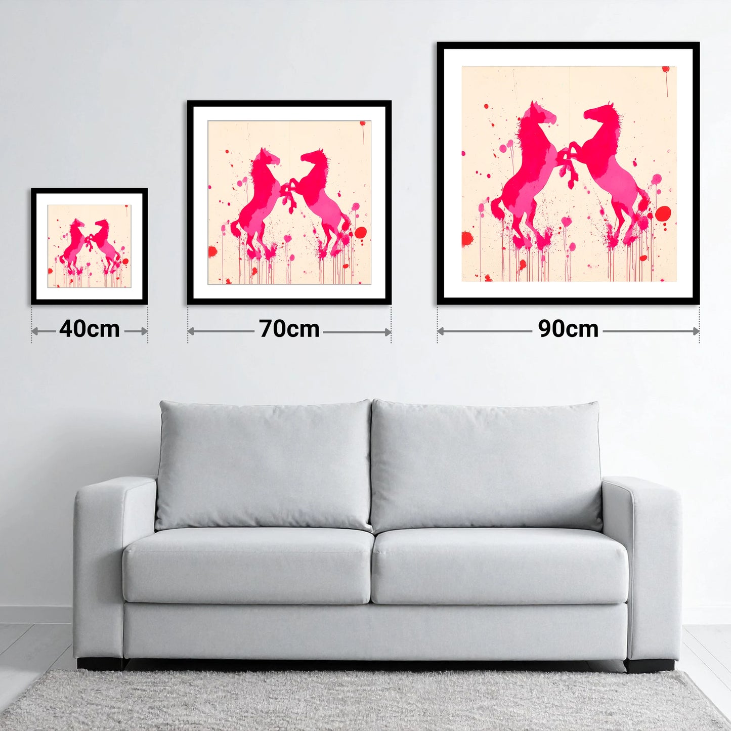 Rearing in Magenta - size guide showing 40cm, 70cm and 90cm art prints