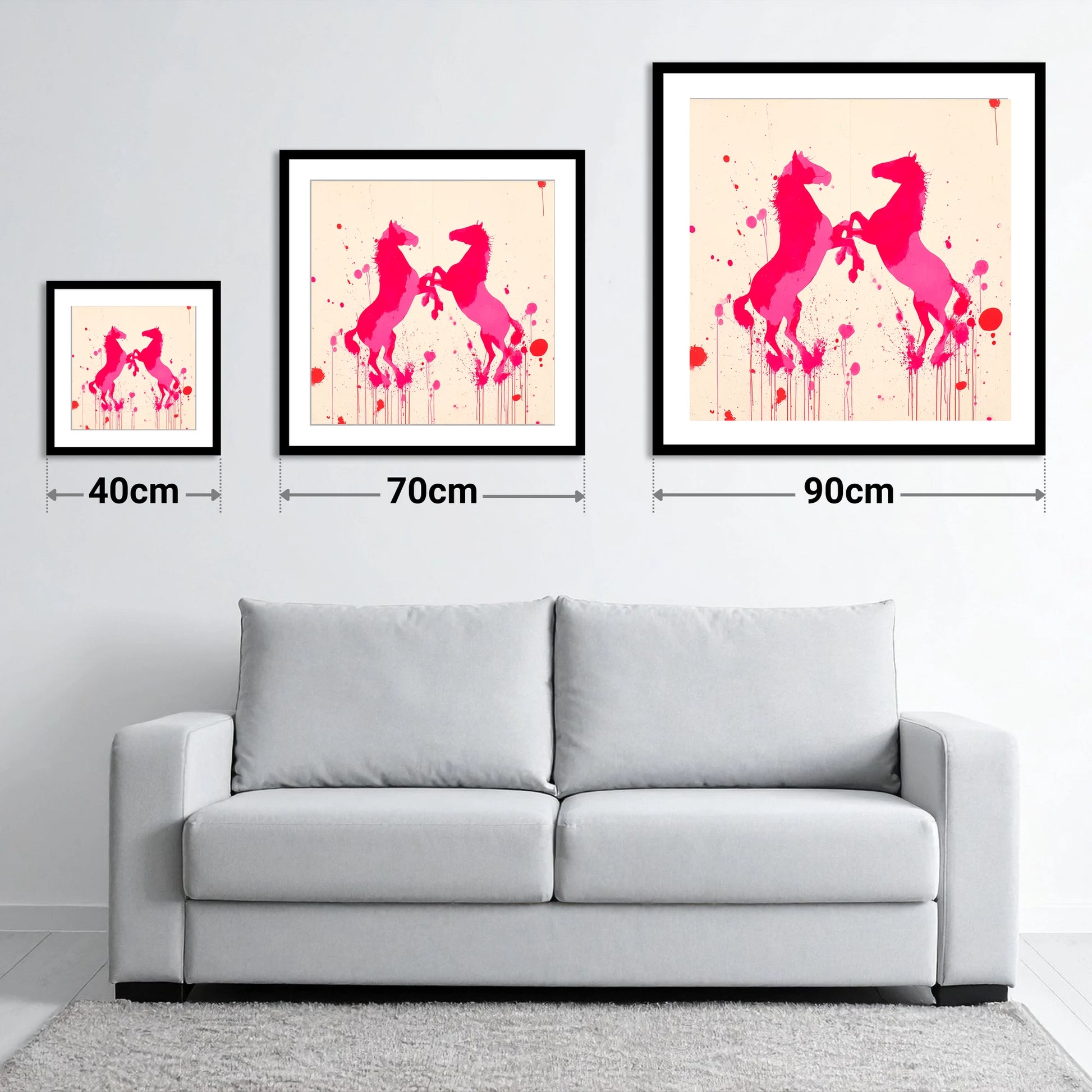 Rearing in Magenta - size guide showing 40cm, 70cm and 90cm art prints