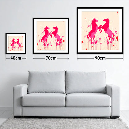 Rearing in Magenta - size guide showing 40cm, 70cm and 90cm art prints