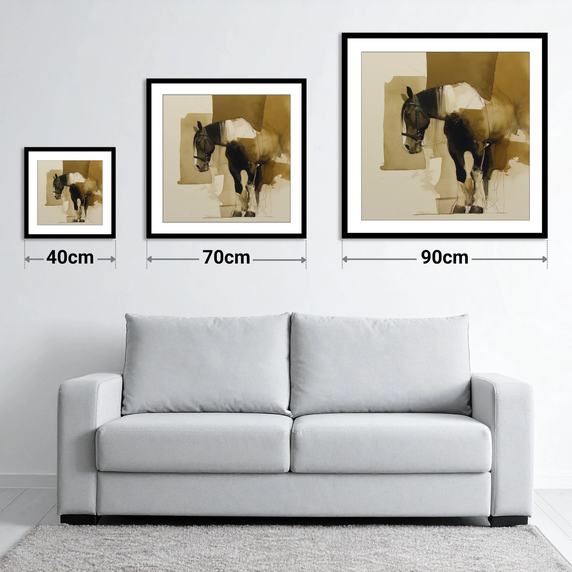 Earthy Equine Profile - size guide showing 40cm, 70cm and 90cm art prints