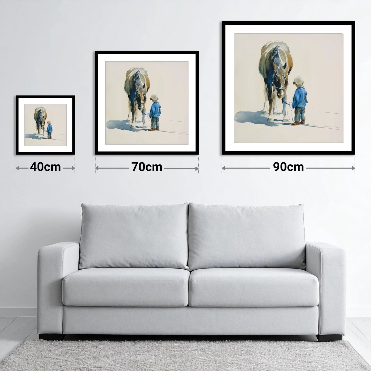 Quiet Understanding - size guide showing 40cm, 70cm and 90cm art prints