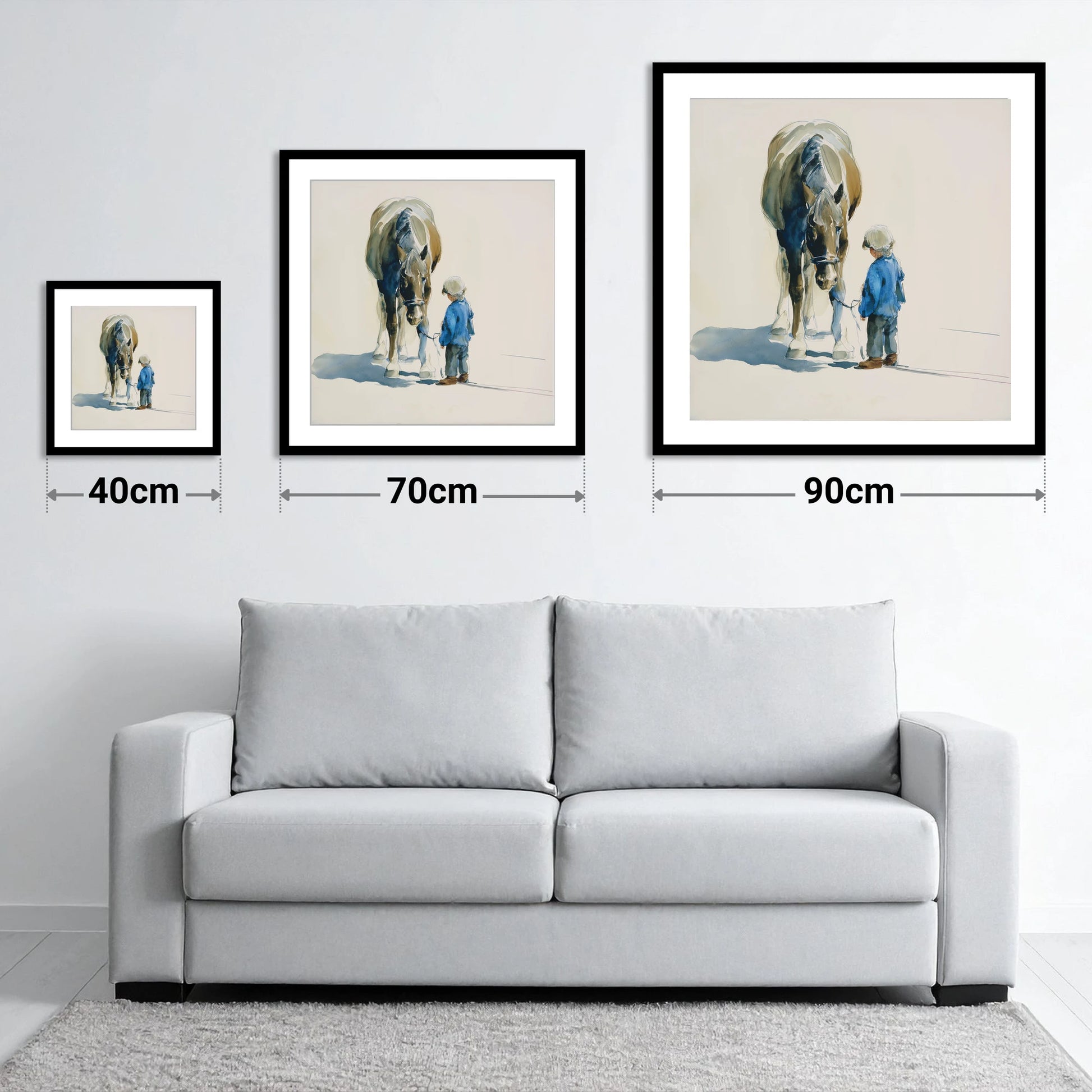 Quiet Understanding - size guide showing 40cm, 70cm and 90cm art prints