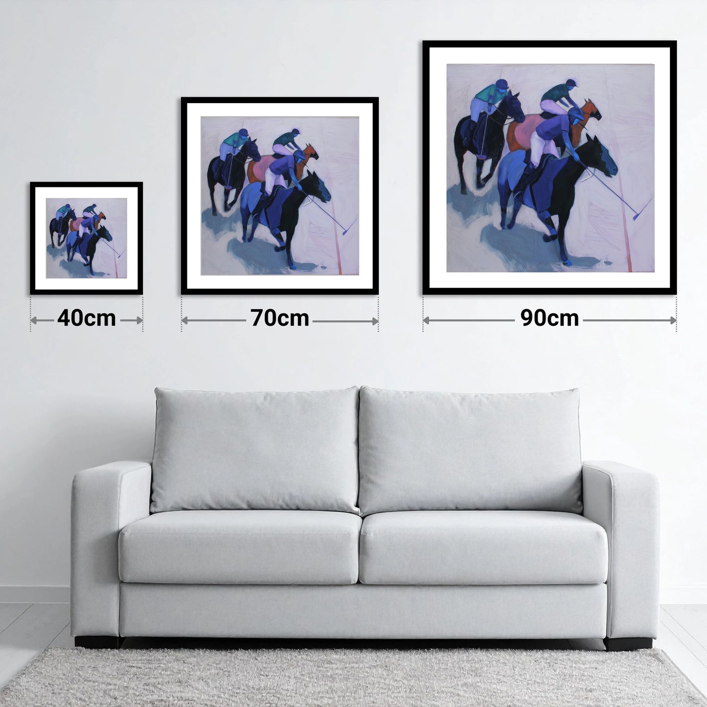 Midnight Pursuit on the Field - size guide showing 40cm, 70cm and 90cm art prints