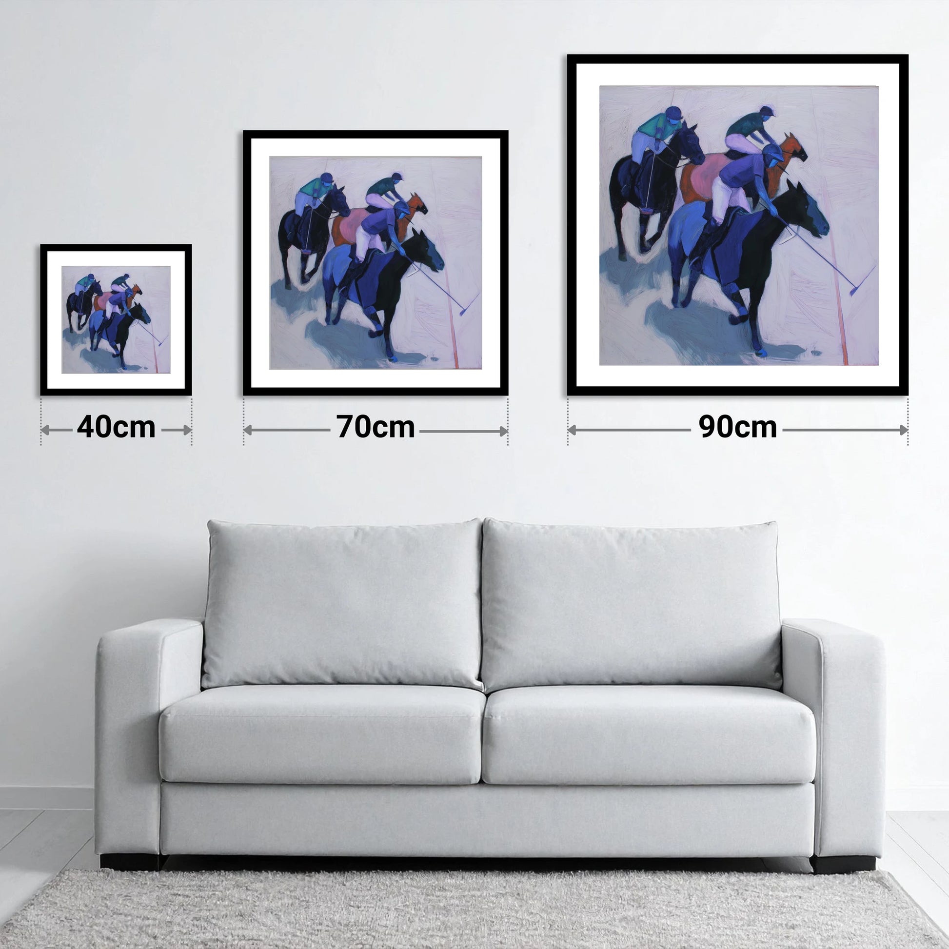 Midnight Pursuit on the Field - size guide showing 40cm, 70cm and 90cm art prints