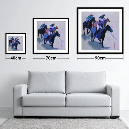 Midnight Pursuit on the Field - size guide showing 40cm, 70cm and 90cm art prints