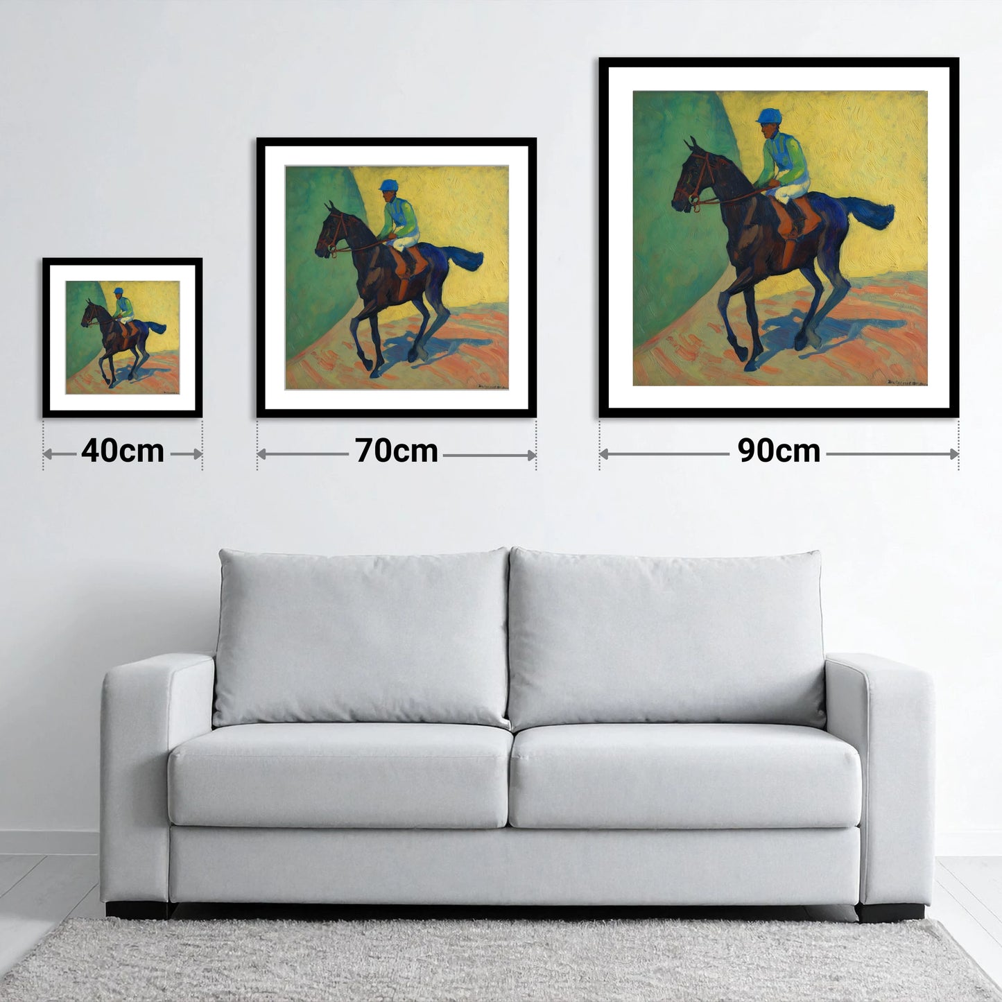 Vibrant Walk to Post - size guide showing 40cm, 70cm and 90cm art prints