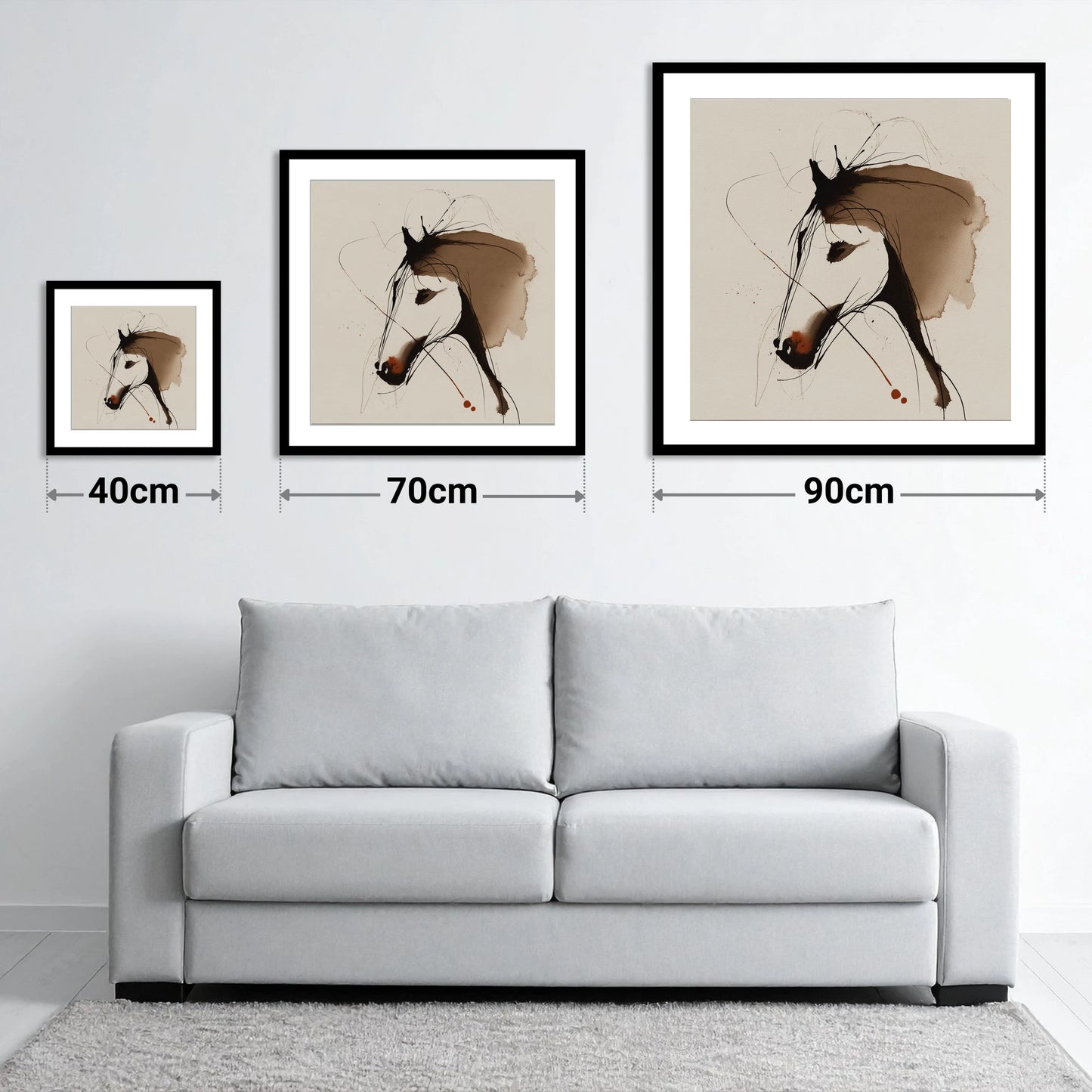 Fluid Sepia Equine Profile - size guide showing 40cm, 70cm and 90cm art prints