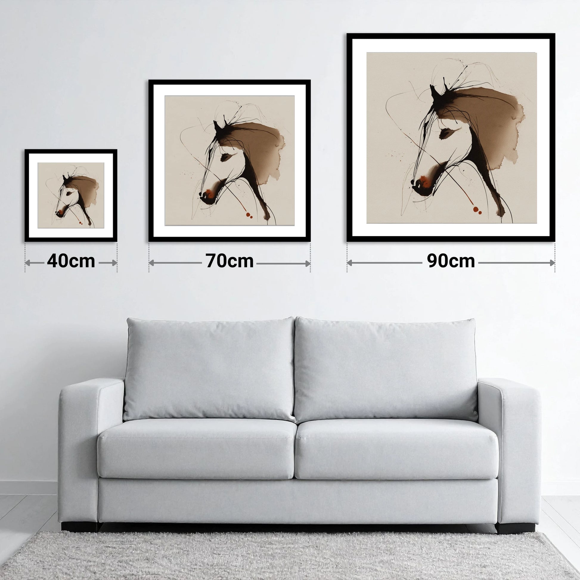 Fluid Sepia Equine Profile - size guide showing 40cm, 70cm and 90cm art prints