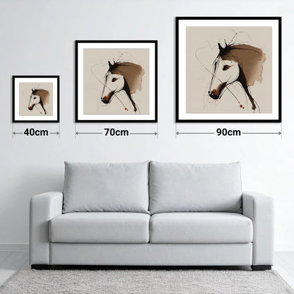 Fluid Sepia Equine Profile - size guide showing 40cm, 70cm and 90cm art prints