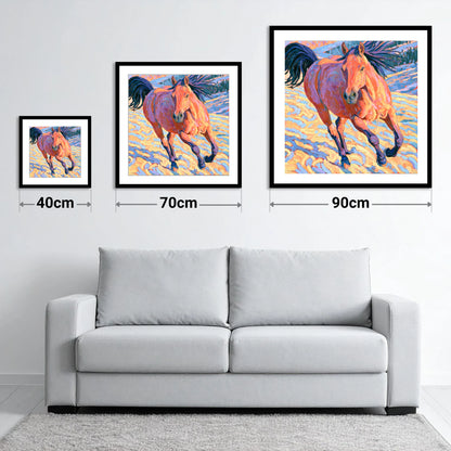 Vibrant Horse at a Canter - size guide showing 40cm, 70cm and 90cm art prints