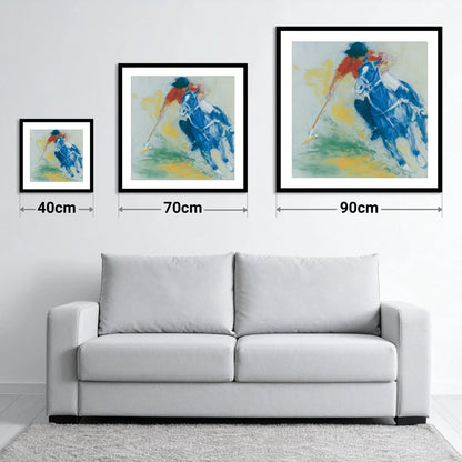 Cerulean Polo Strike - size guide showing 40cm, 70cm and 90cm art prints