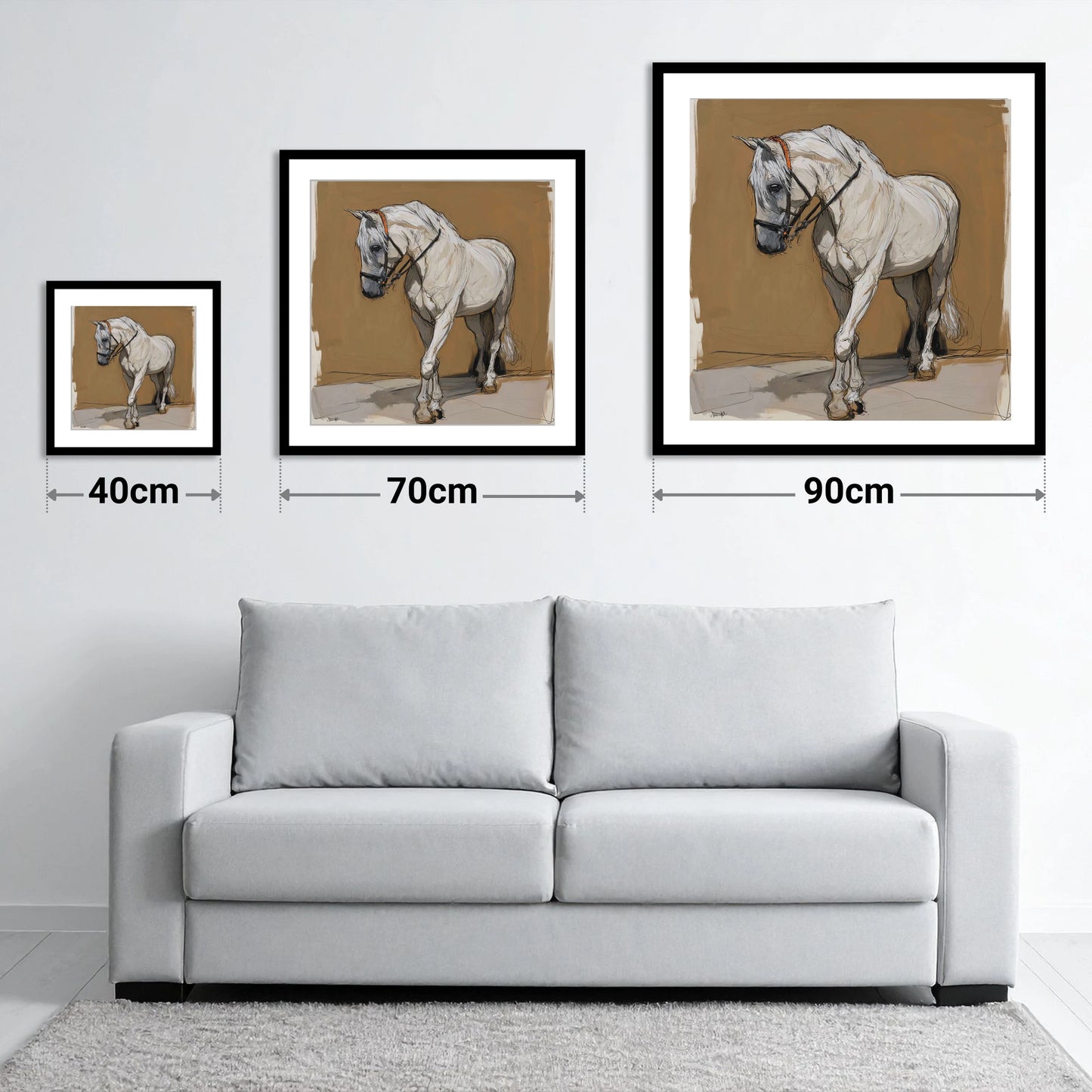 Quiet Contemplation - size guide showing 40cm, 70cm and 90cm art prints