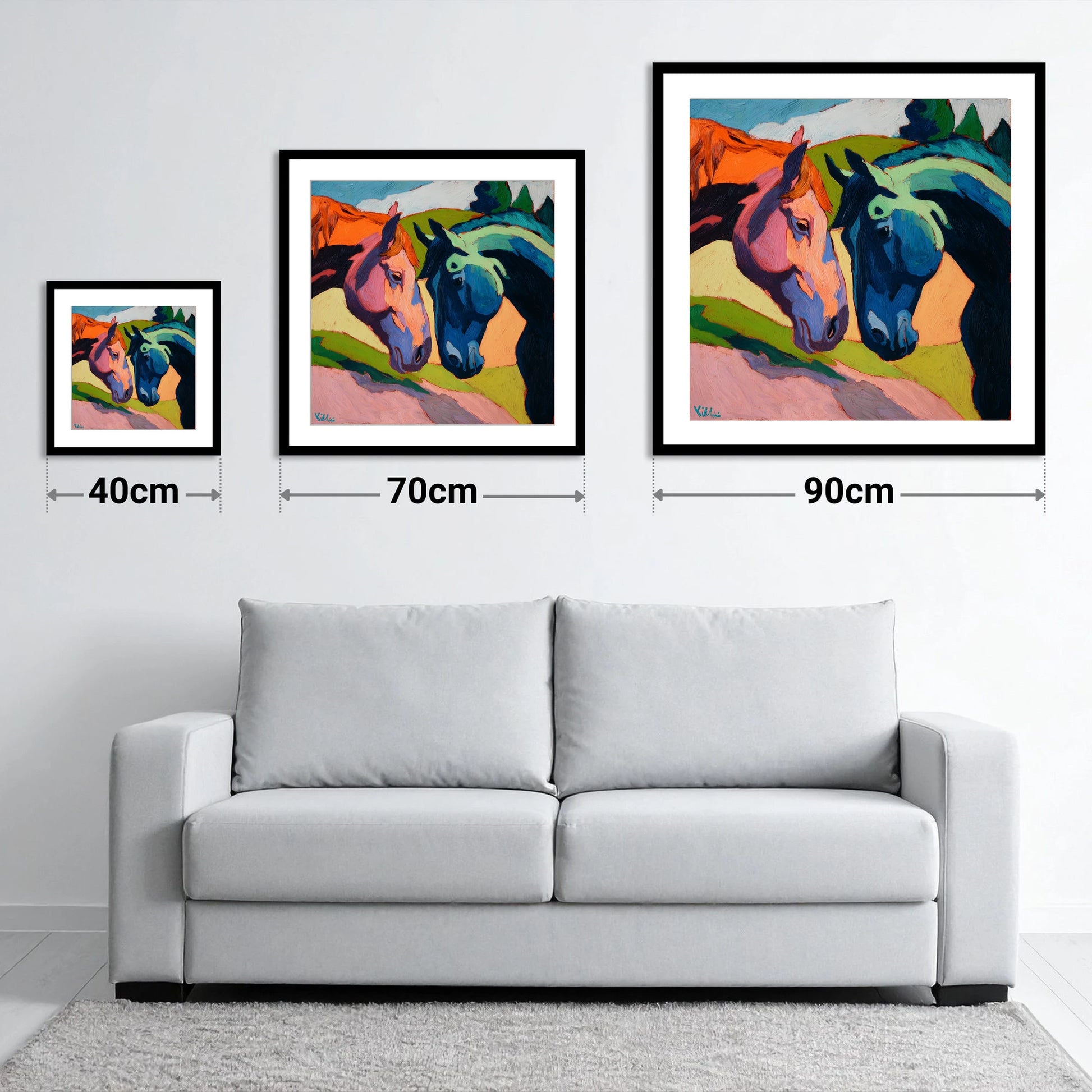 Vibrant Equine Connection - size guide showing 40cm, 70cm and 90cm art prints