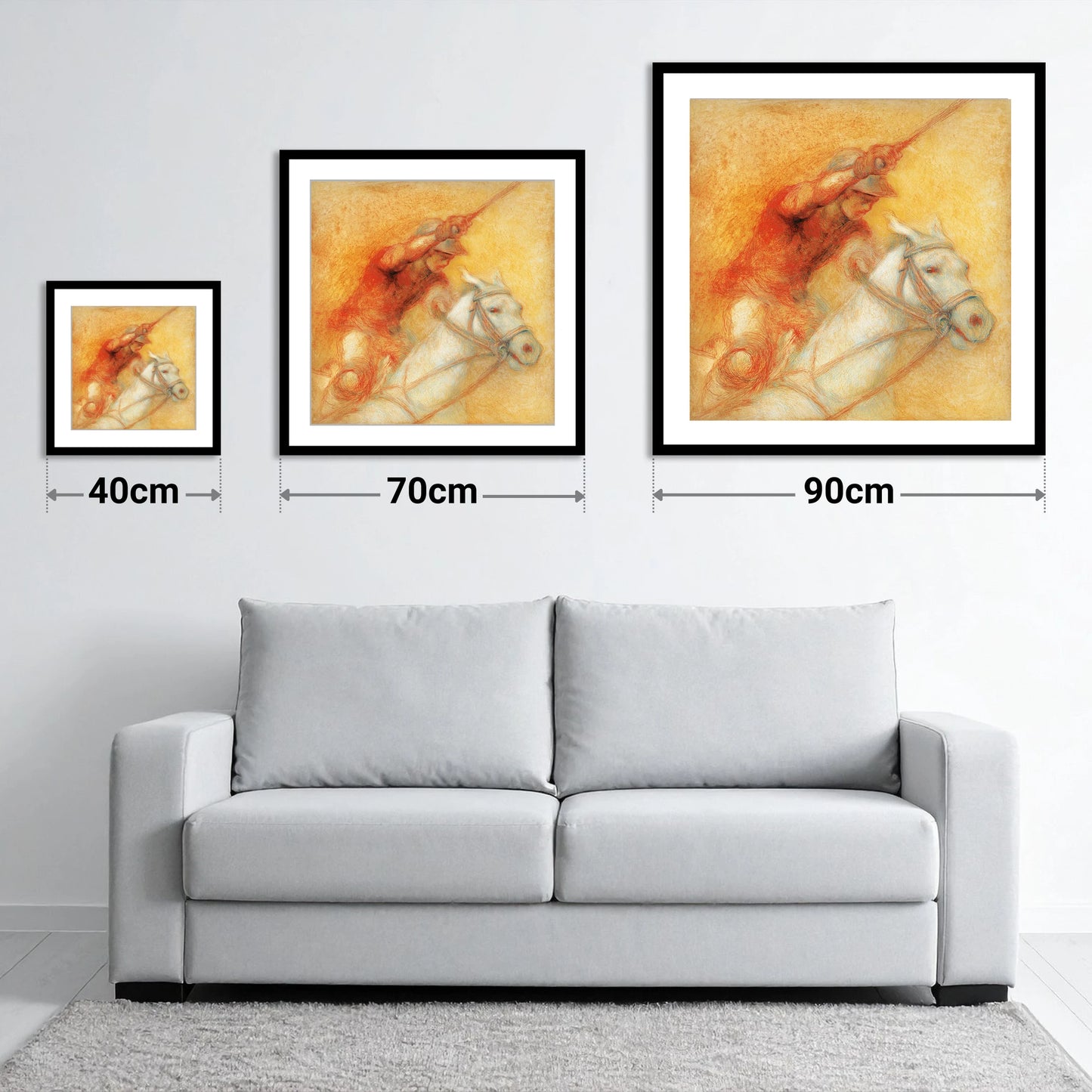Heat of the Chukka - size guide showing 40cm, 70cm and 90cm art prints
