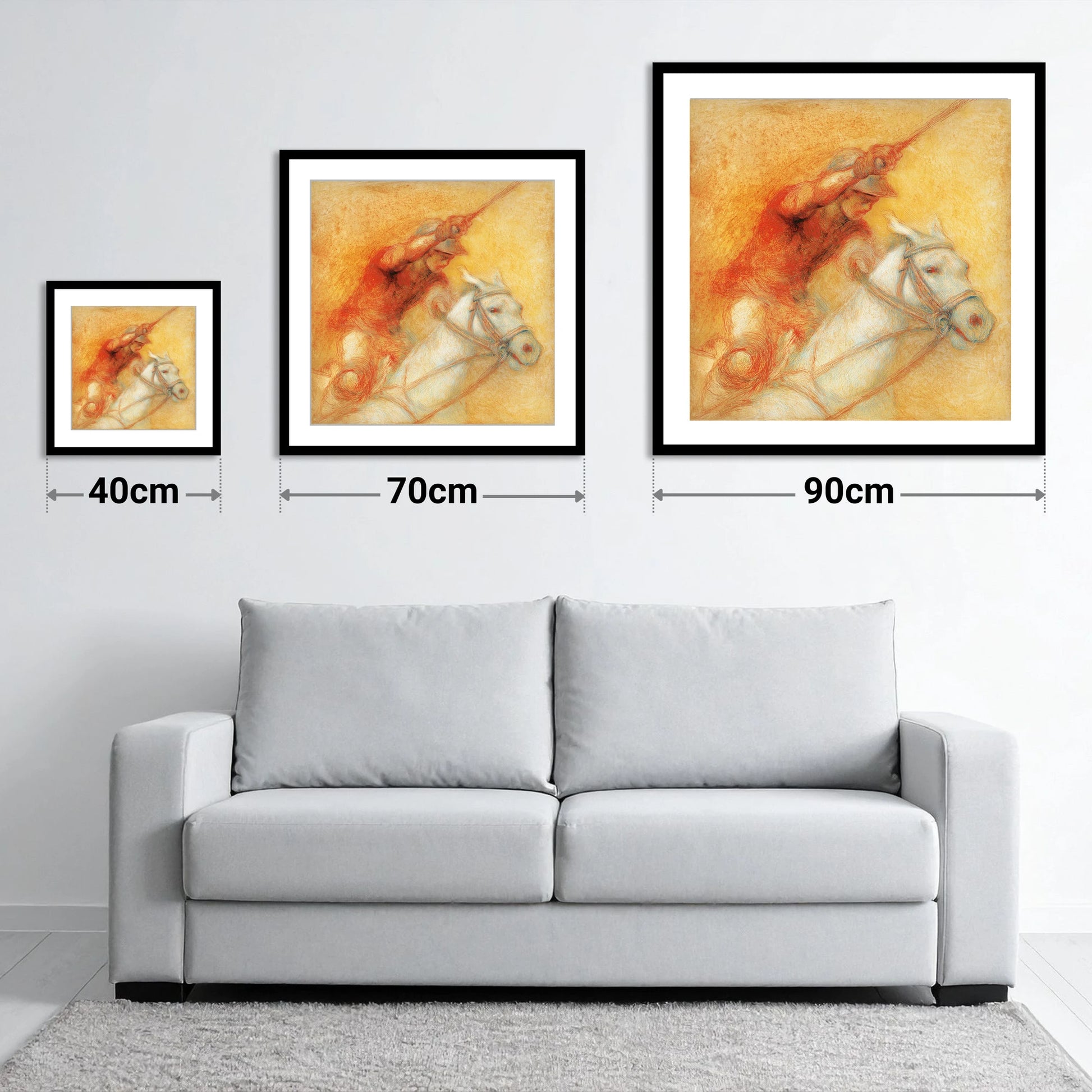 Heat of the Chukka - size guide showing 40cm, 70cm and 90cm art prints