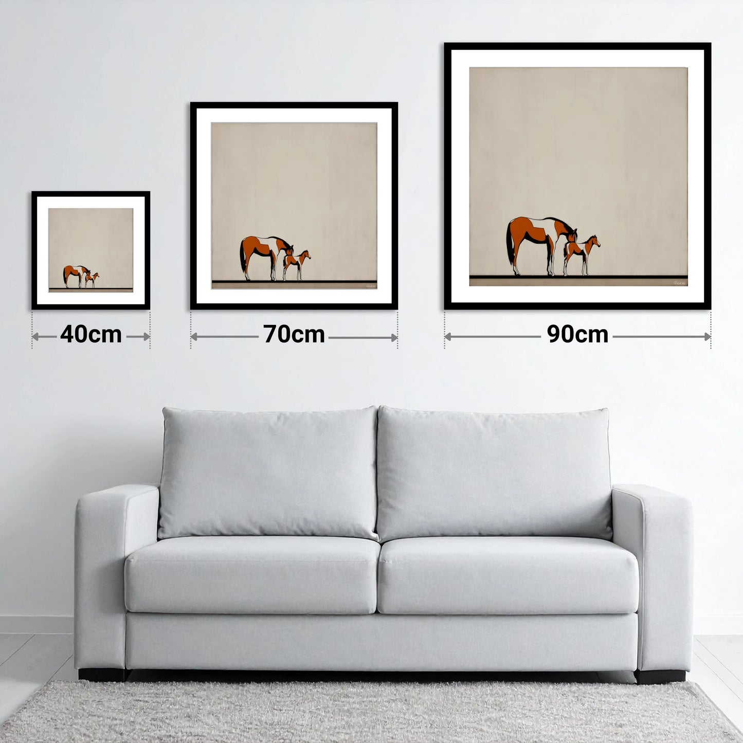 Quiet Moments - size guide showing 40cm, 70cm and 90cm art prints