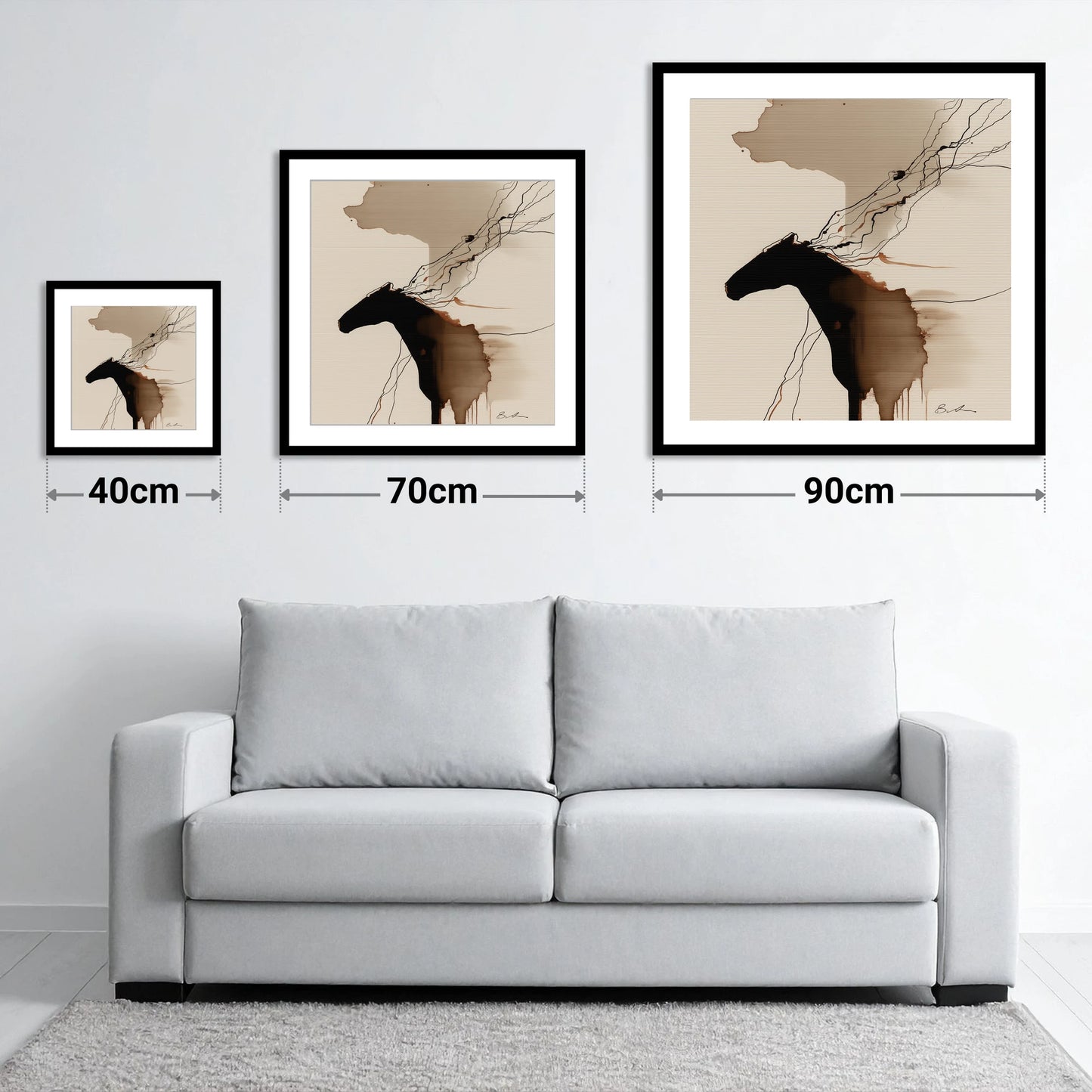 Fluid Sepia Silhouette - size guide showing 40cm, 70cm and 90cm art prints