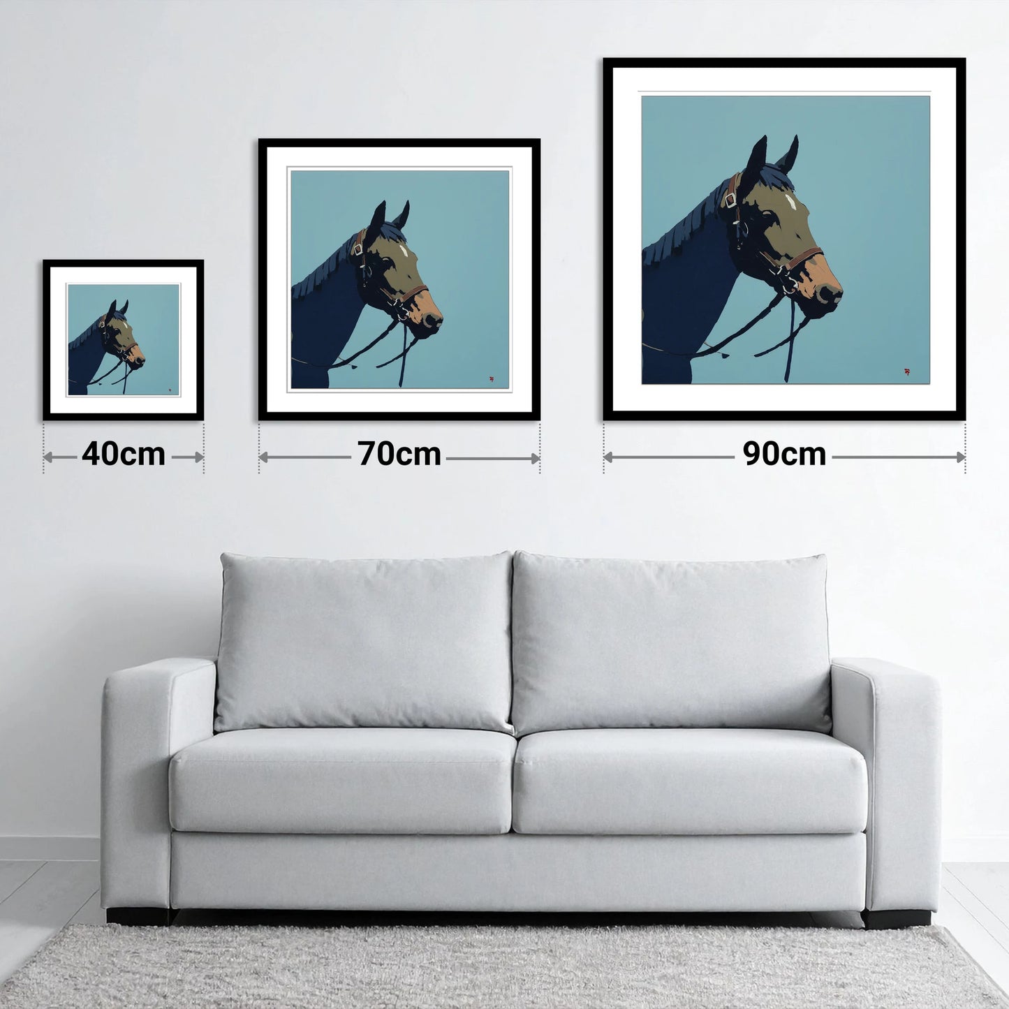 Cerulean Equine Profile - size guide showing 40cm, 70cm and 90cm art prints
