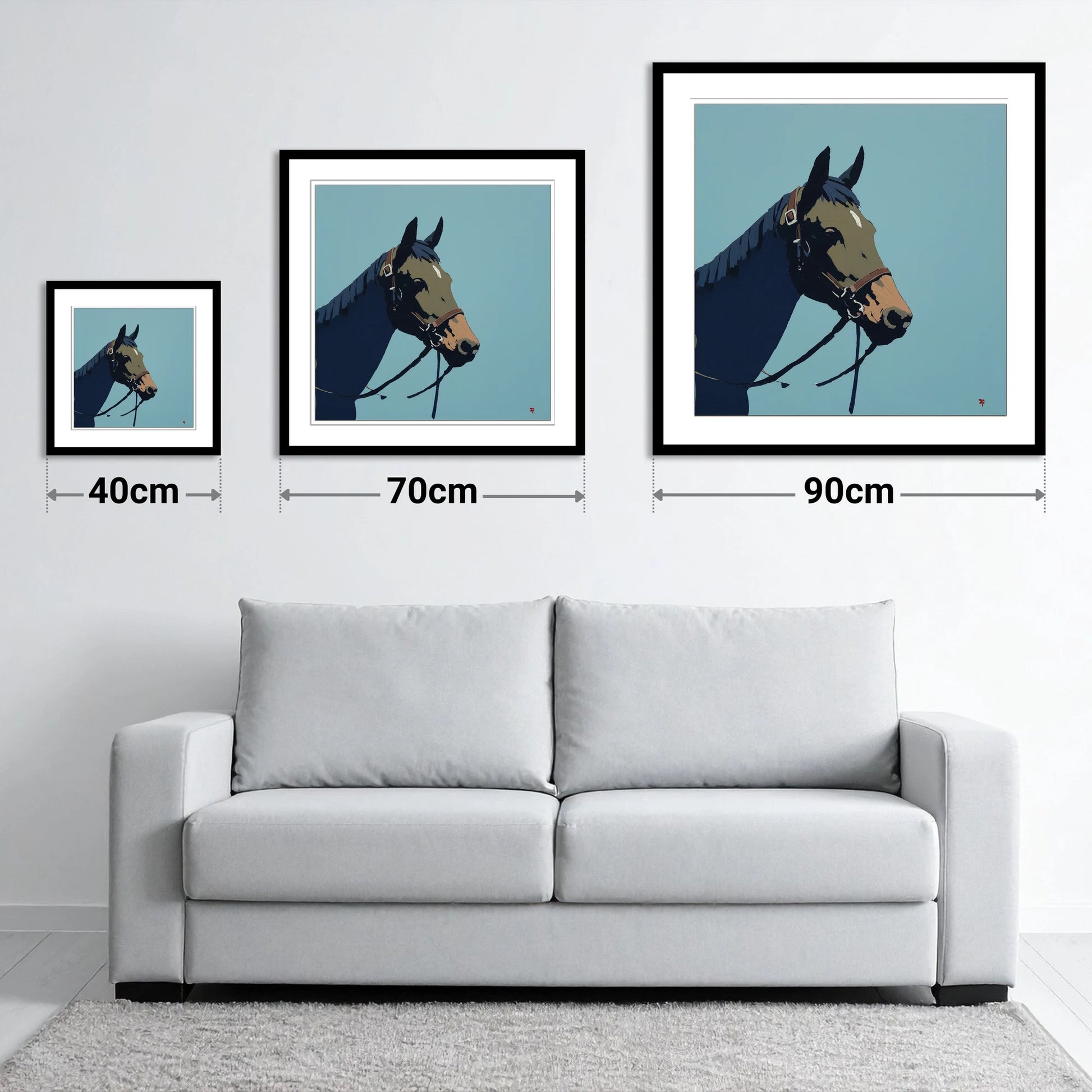 Cerulean Equine Profile - size guide showing 40cm, 70cm and 90cm art prints
