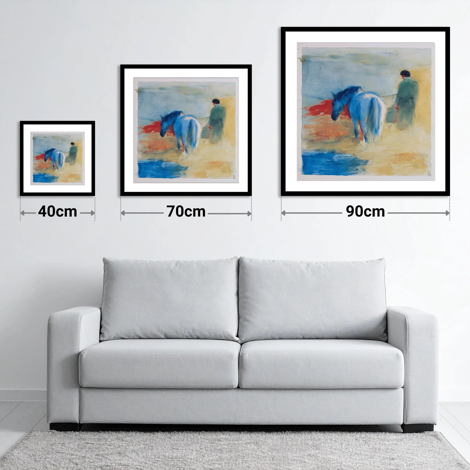 The Cobalt Companion - size guide showing 40cm, 70cm and 90cm art prints