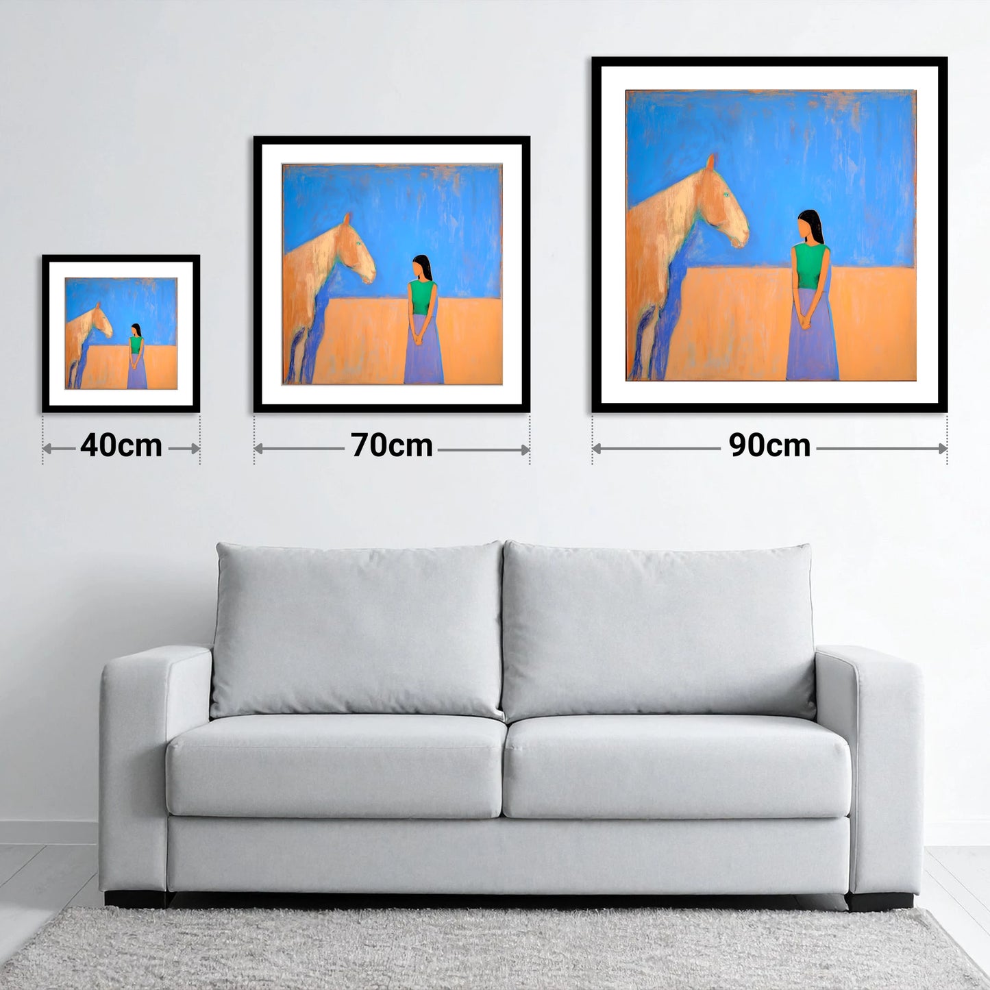 Silent Understanding - size guide showing 40cm, 70cm and 90cm art prints