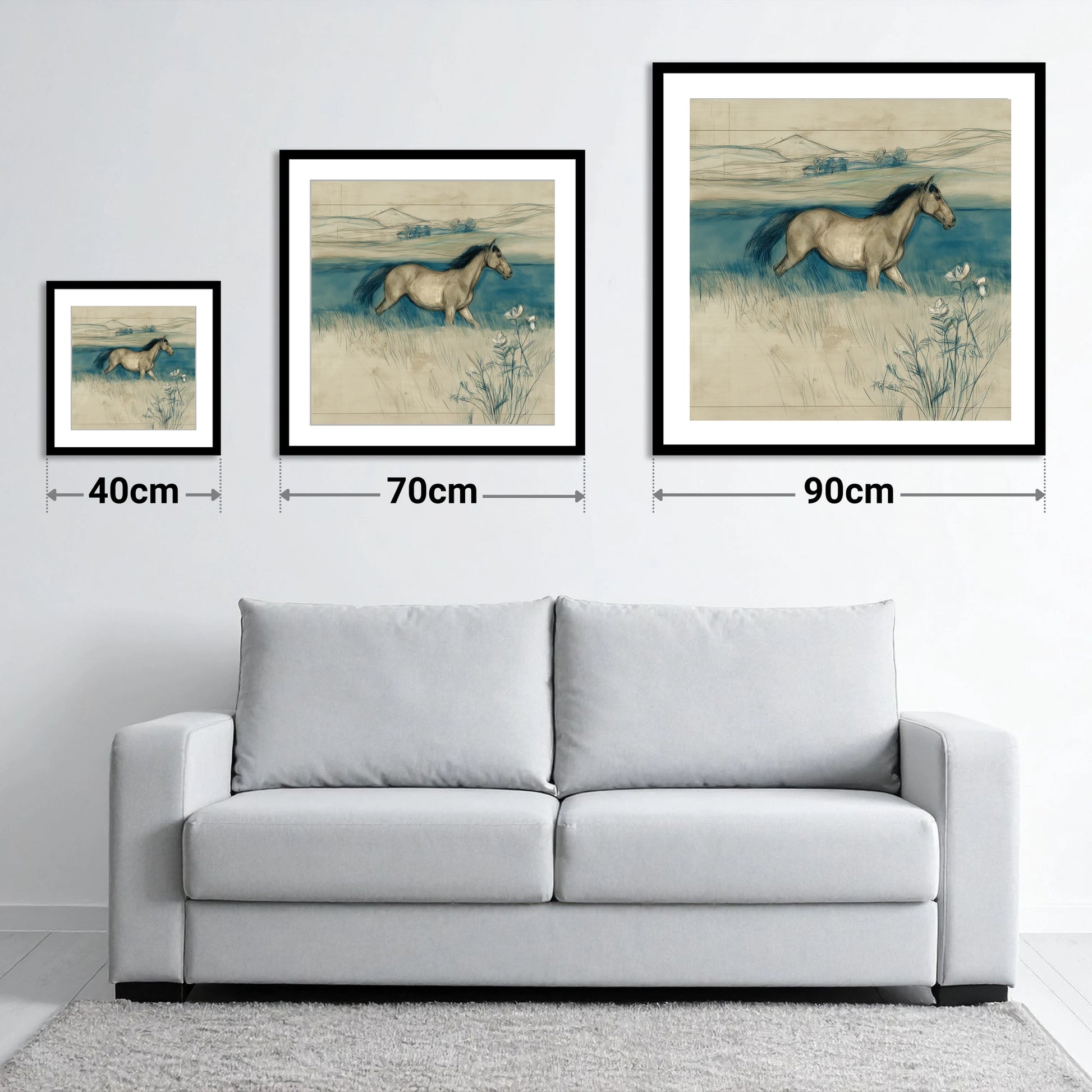 Teal Horizon Canter - size guide showing 40cm, 70cm and 90cm art prints