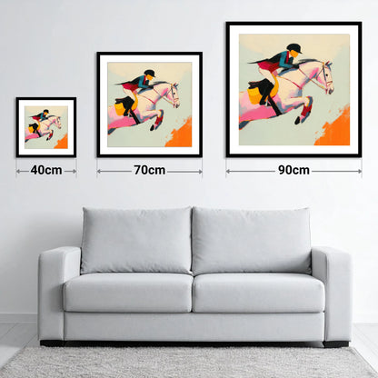 Technicolour Showjumper - size guide showing 40cm, 70cm and 90cm art prints