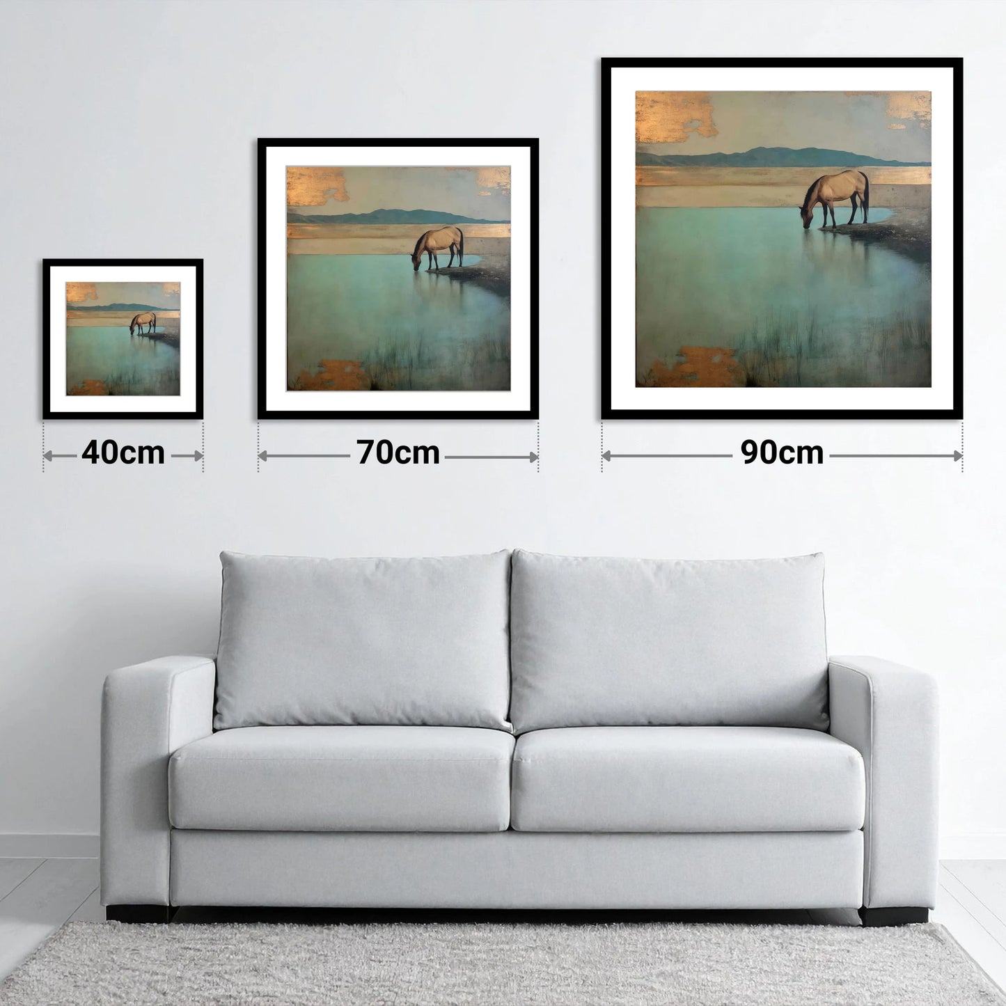 Gilded Solitude at Dusk - size guide showing 40cm, 70cm and 90cm art prints