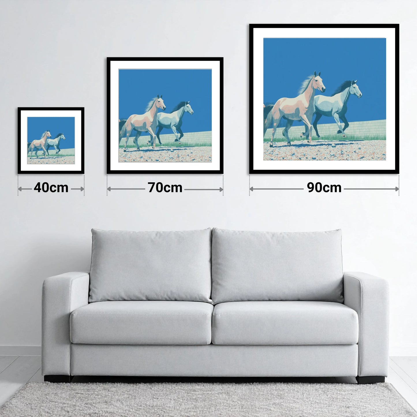 Azure Horizon Strides - size guide showing 40cm, 70cm and 90cm art prints