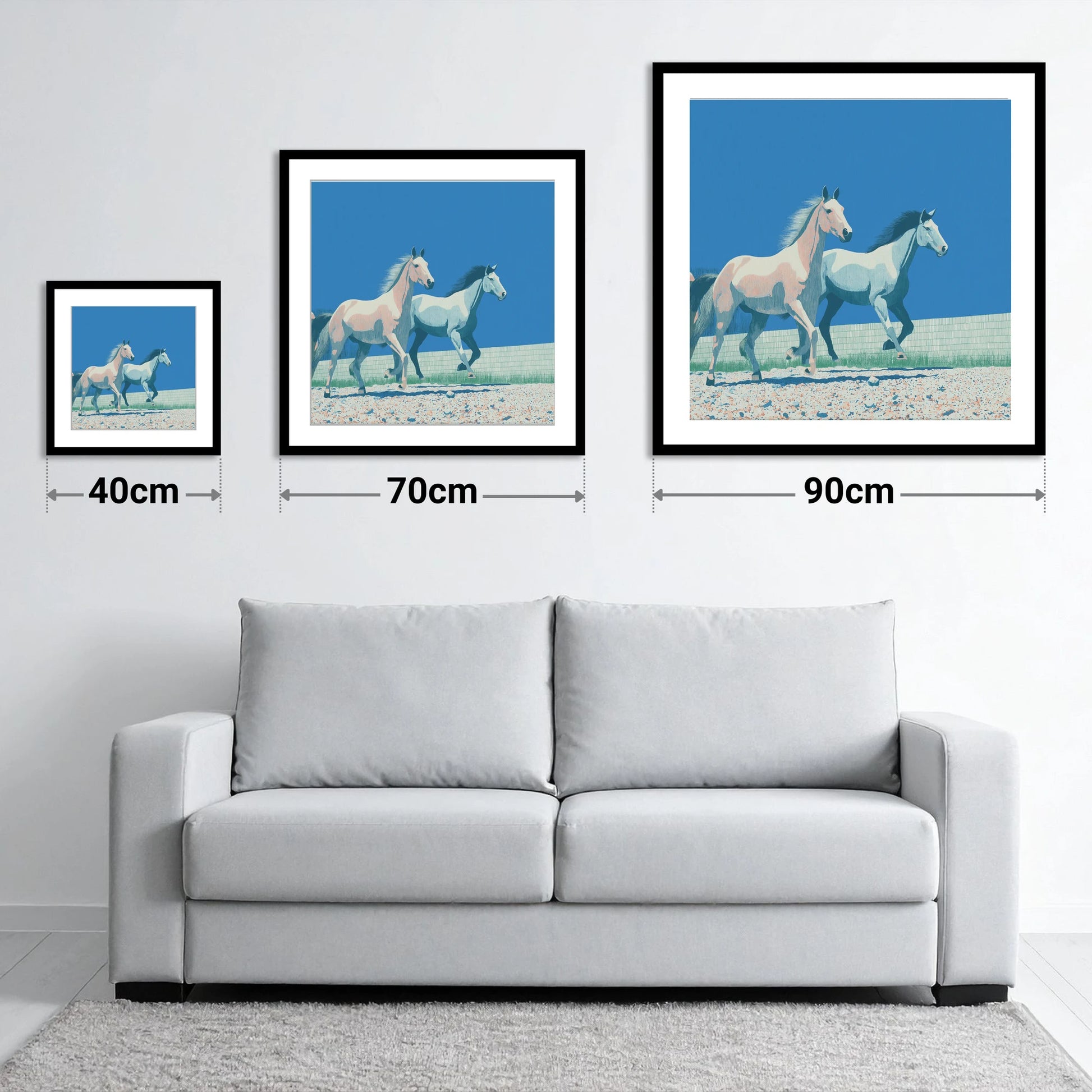 Azure Horizon Strides - size guide showing 40cm, 70cm and 90cm art prints