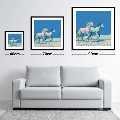 Azure Horizon Strides - size guide showing 40cm, 70cm and 90cm art prints