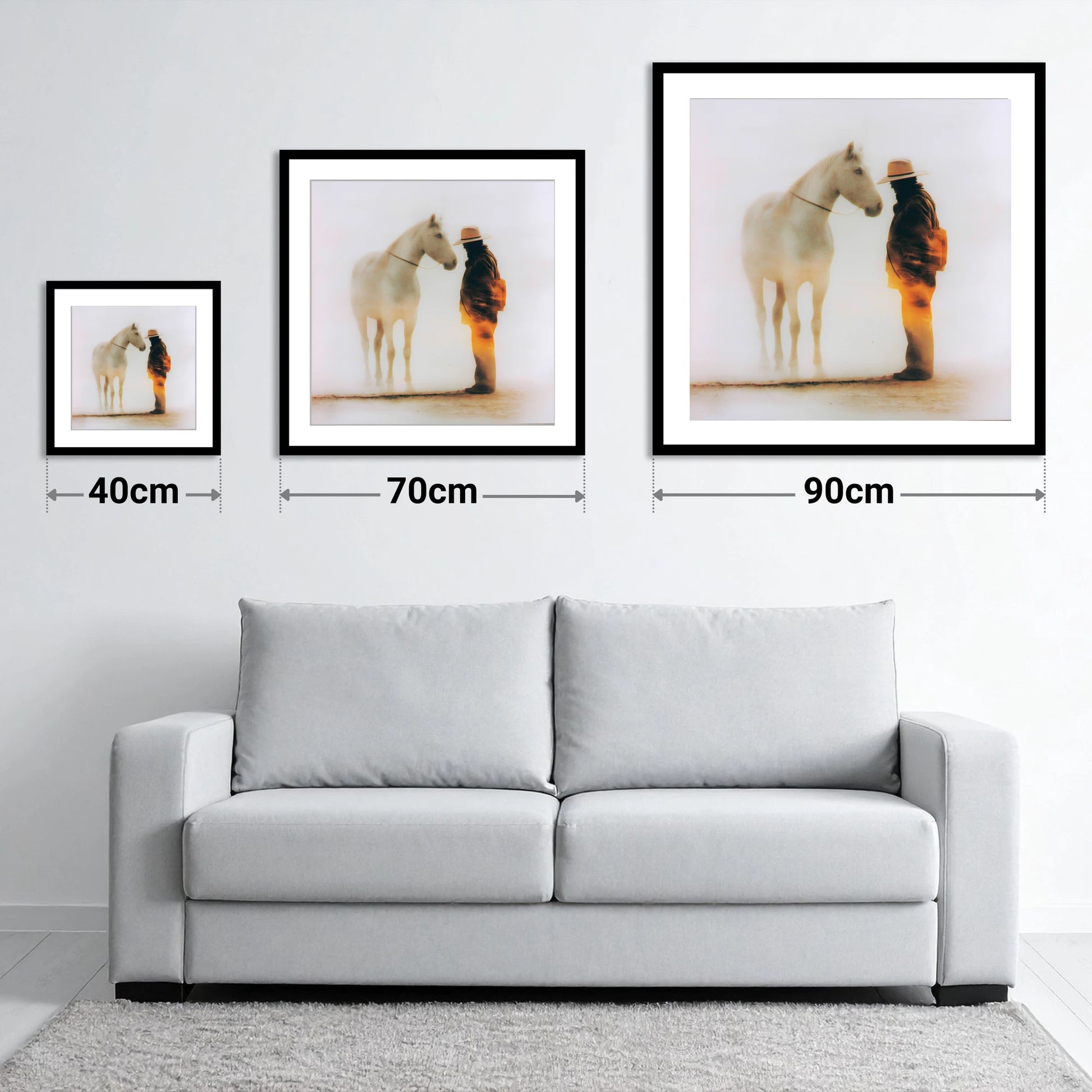 The Quiet Accord - size guide showing 40cm, 70cm and 90cm art prints