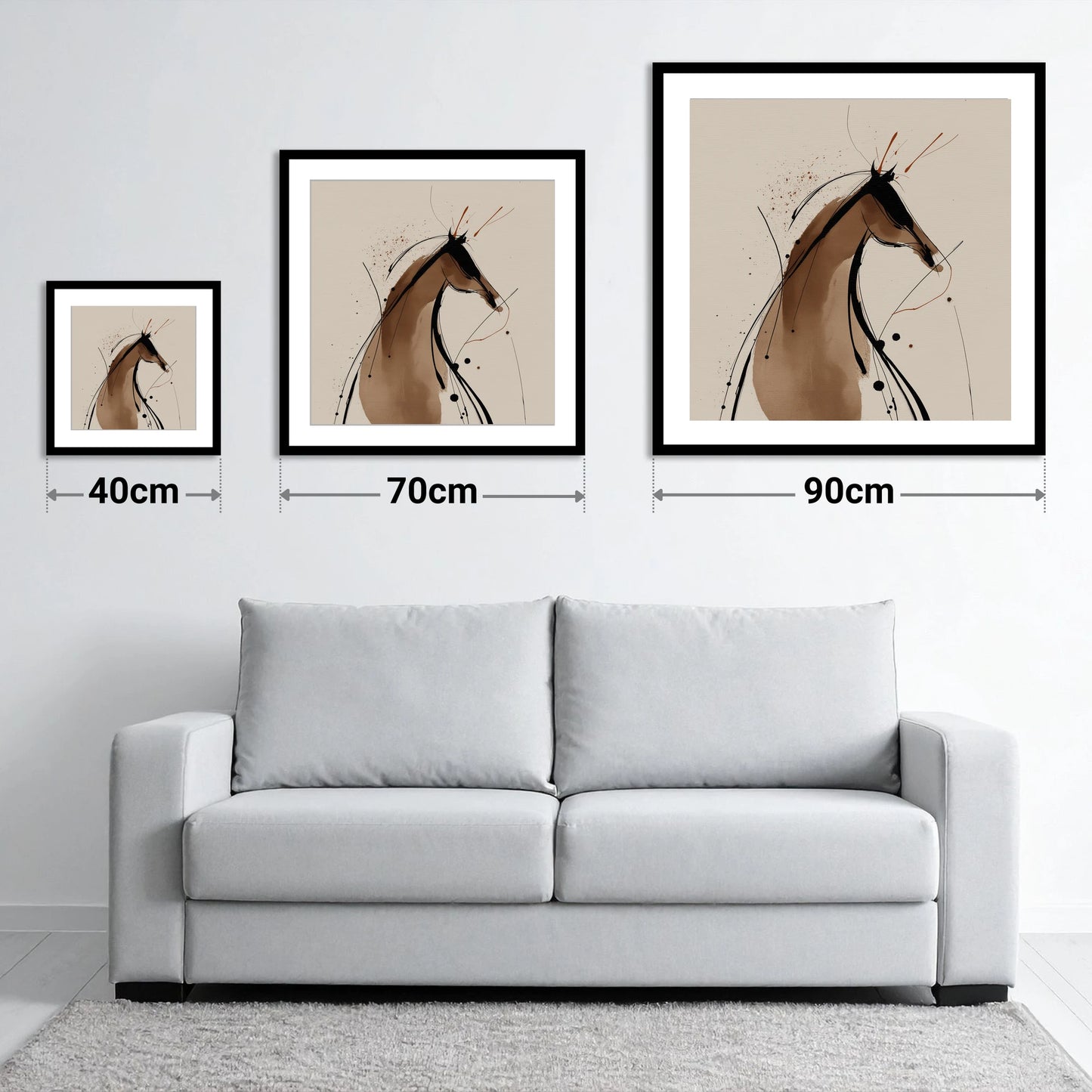 Sweeping Ink Silhouette - size guide showing 40cm, 70cm and 90cm art prints