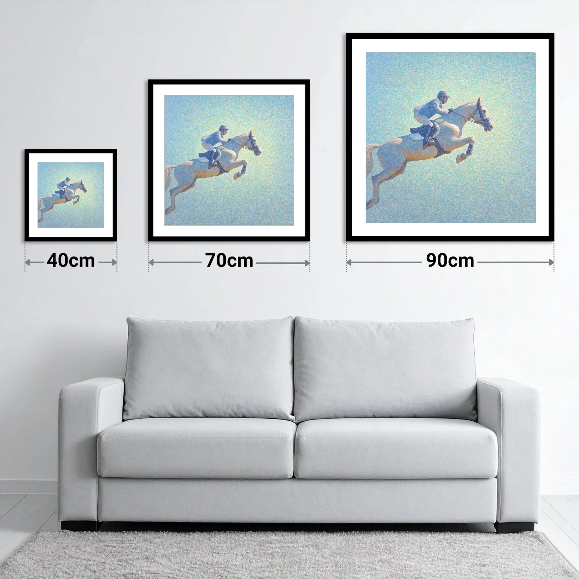 Luminous Ascent - size guide showing 40cm, 70cm and 90cm art prints