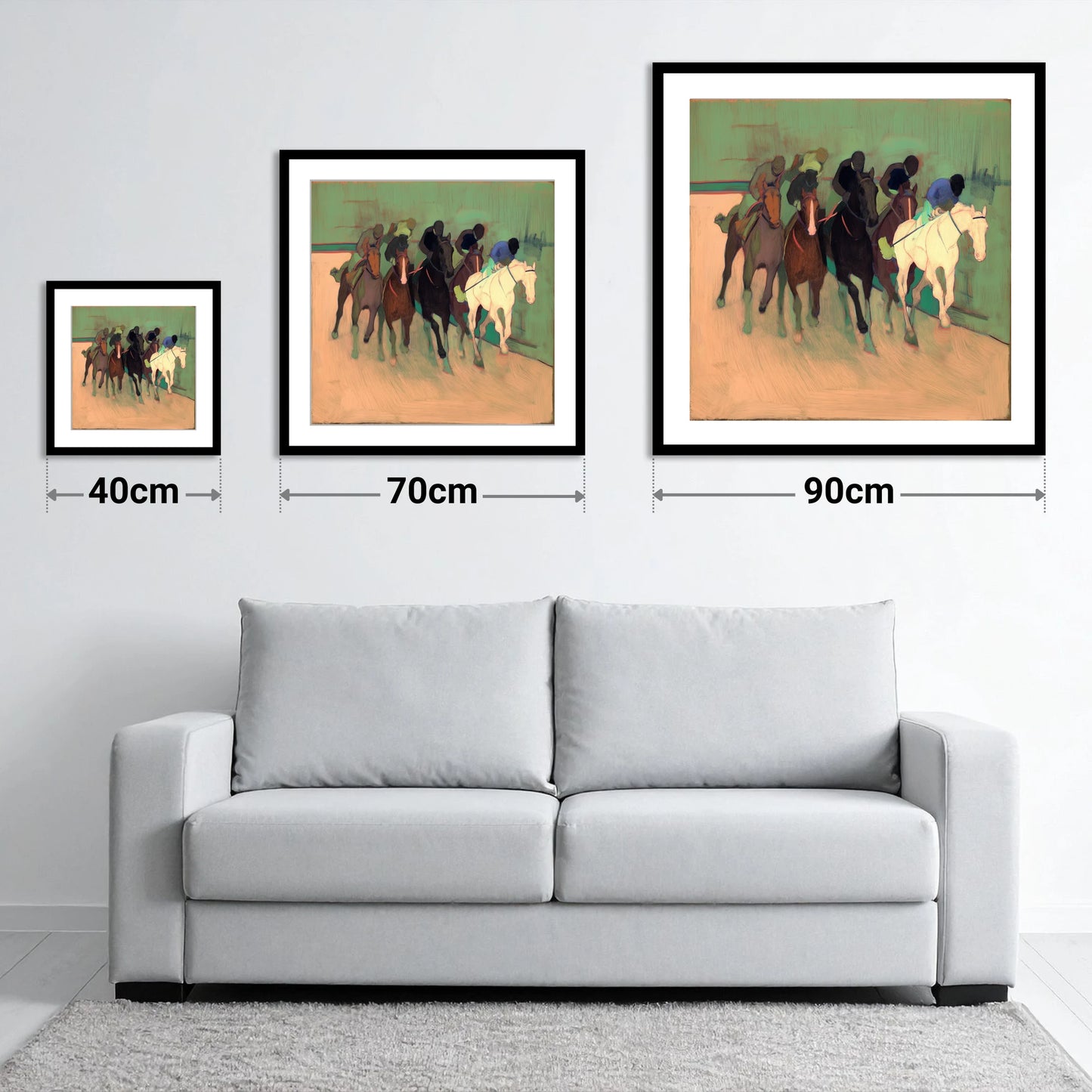 The Front Runners - size guide showing 40cm, 70cm and 90cm art prints