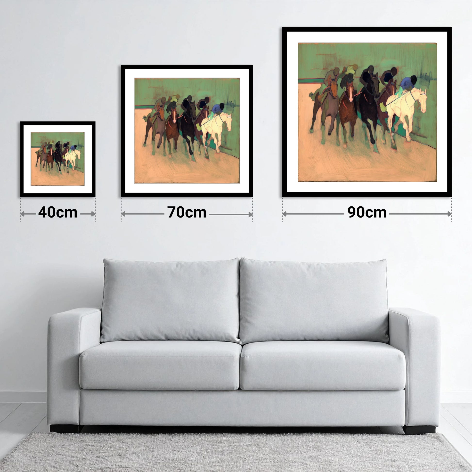The Front Runners - size guide showing 40cm, 70cm and 90cm art prints