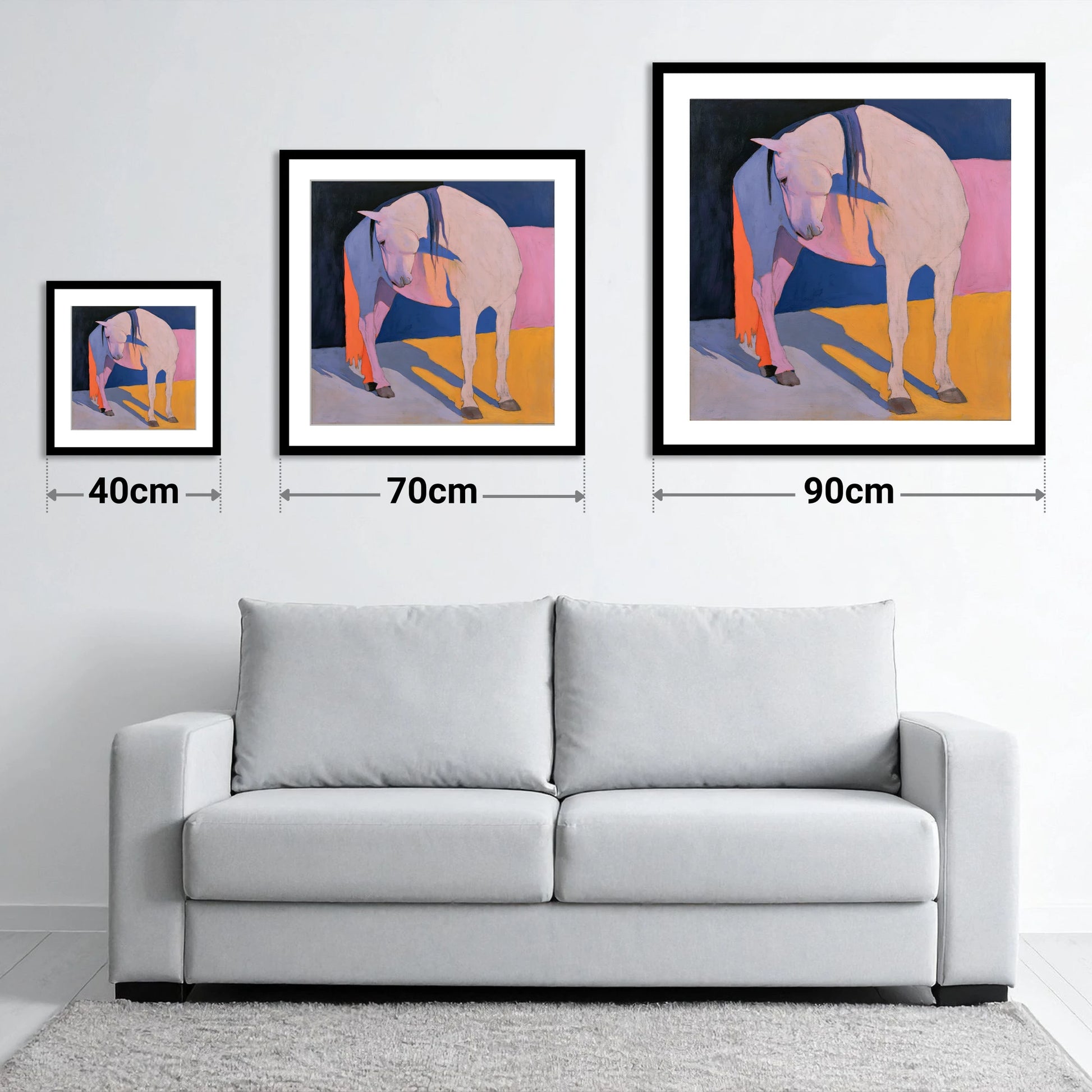 Vibrant Colour Block White Horse - size guide showing 40cm, 70cm and 90cm art prints
