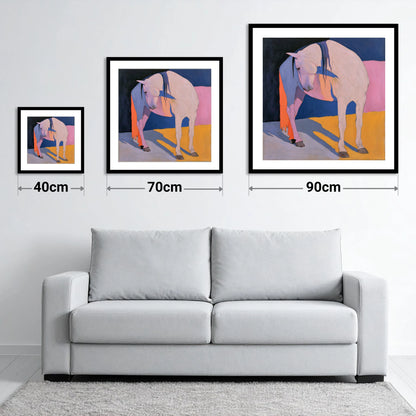 Vibrant Colour Block White Horse - size guide showing 40cm, 70cm and 90cm art prints