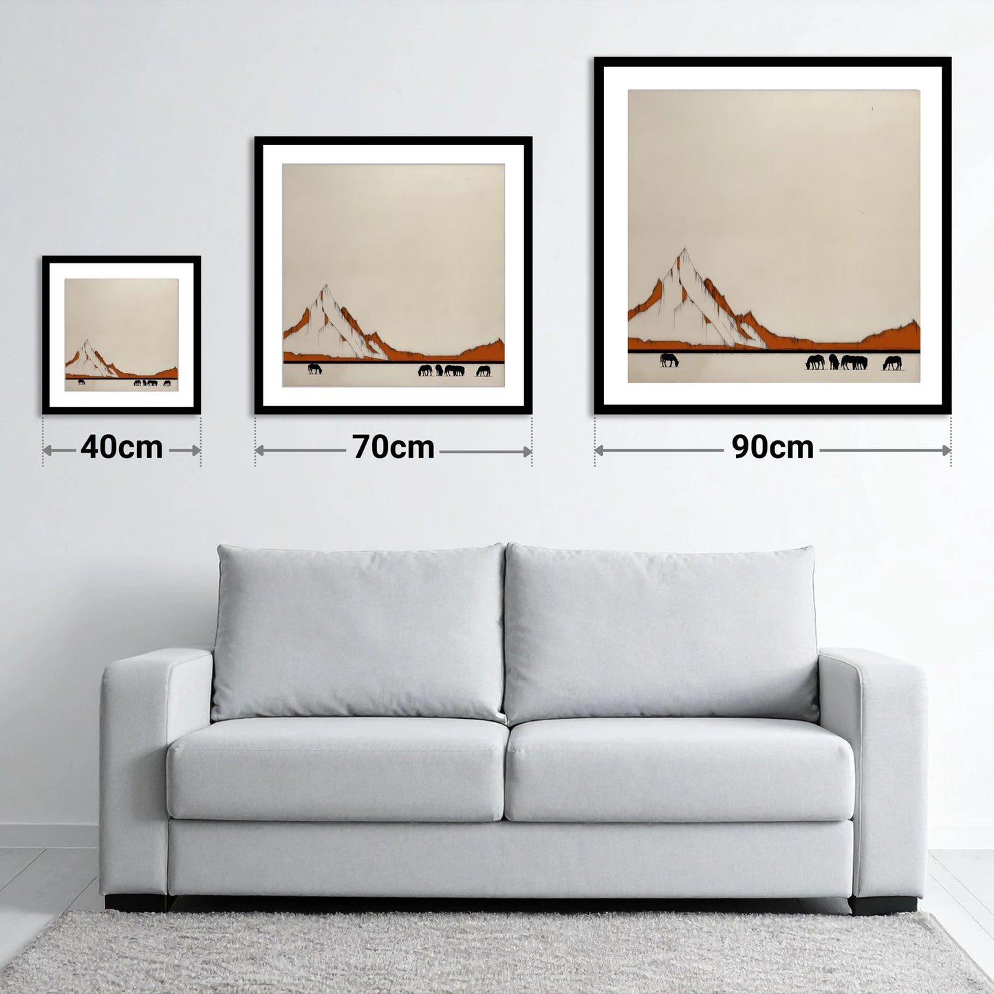 High Country Silhouettes - size guide showing 40cm, 70cm and 90cm art prints