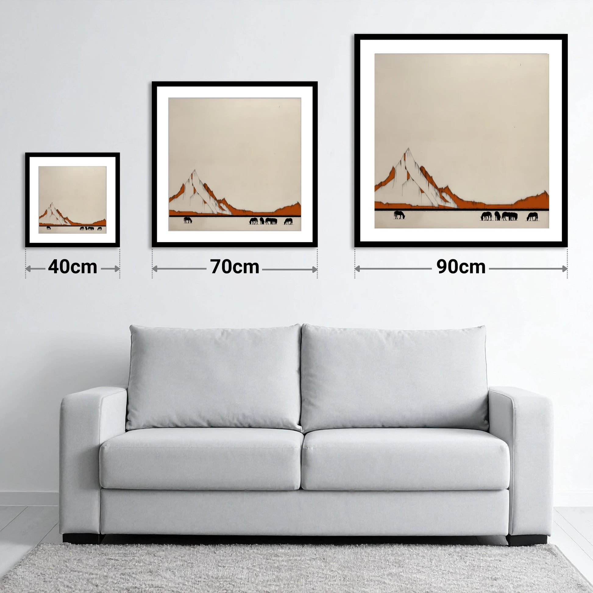 High Country Silhouettes - size guide showing 40cm, 70cm and 90cm art prints