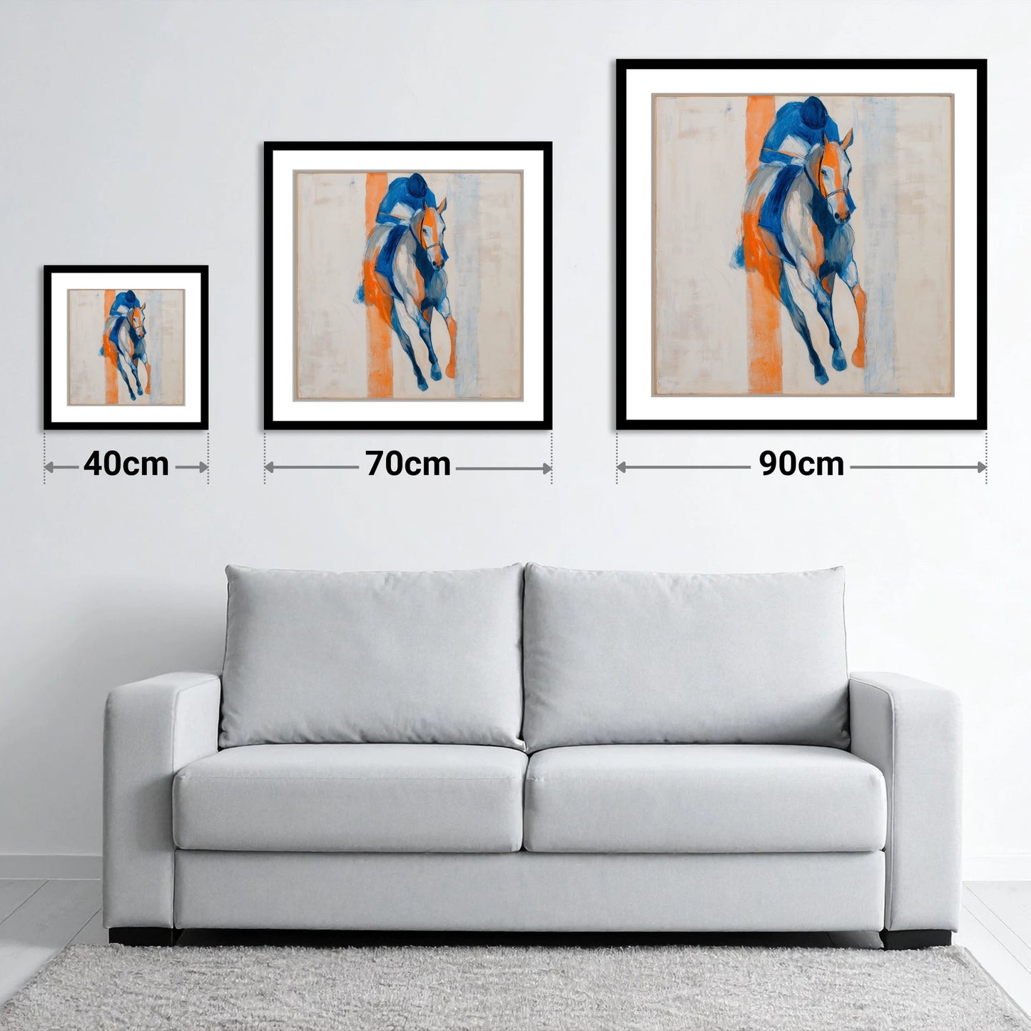 Velocity in Blue - size guide showing 40cm, 70cm and 90cm art prints