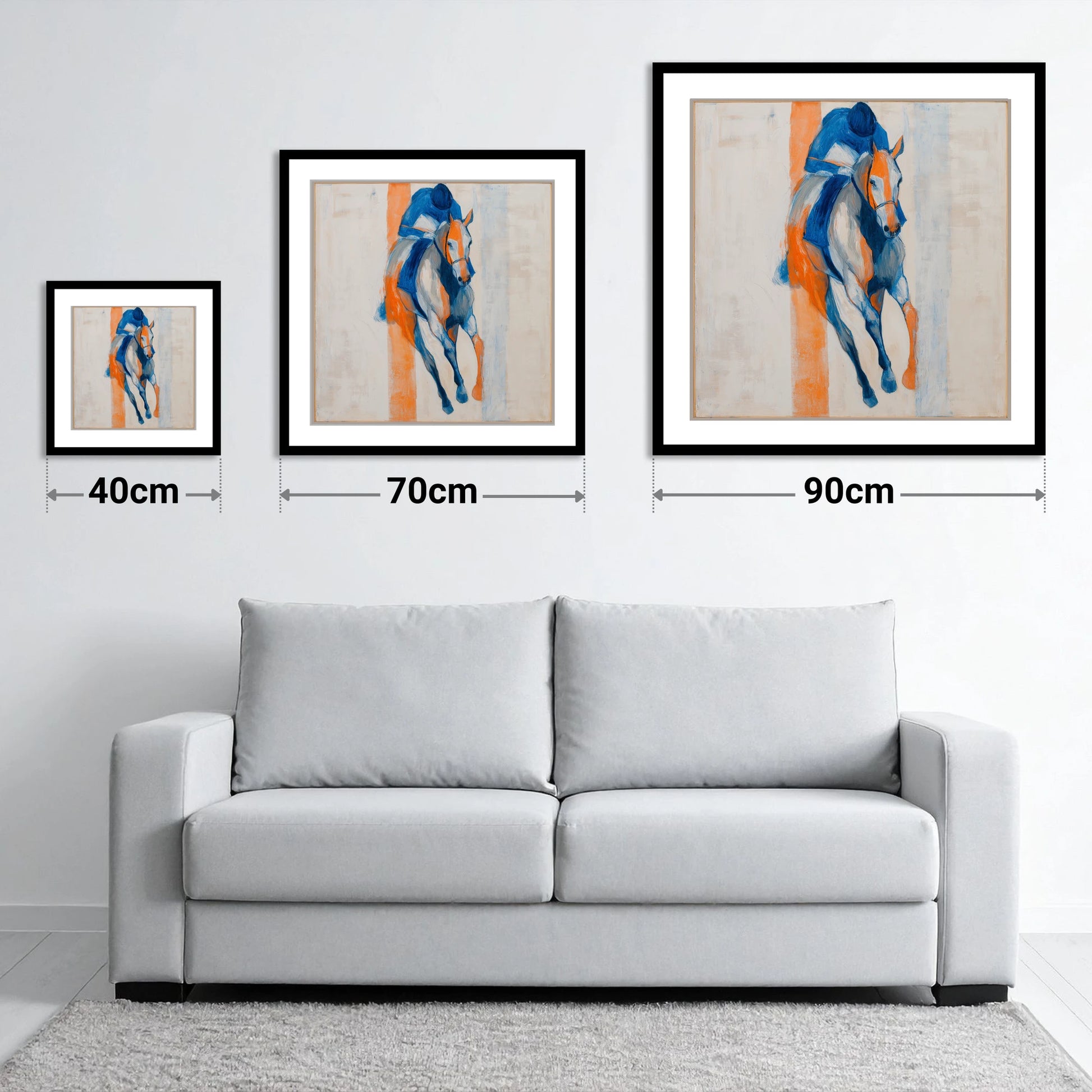 Velocity in Blue - size guide showing 40cm, 70cm and 90cm art prints