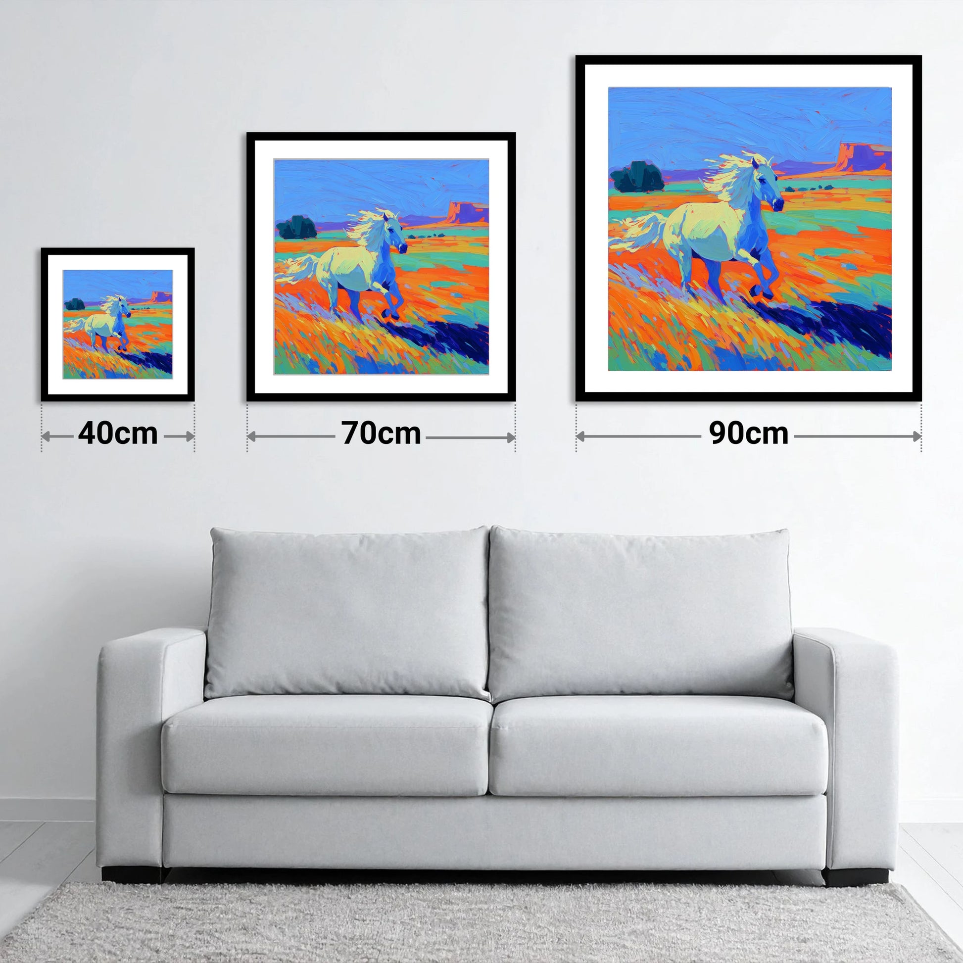 Vibrant Desert Canter - size guide showing 40cm, 70cm and 90cm art prints