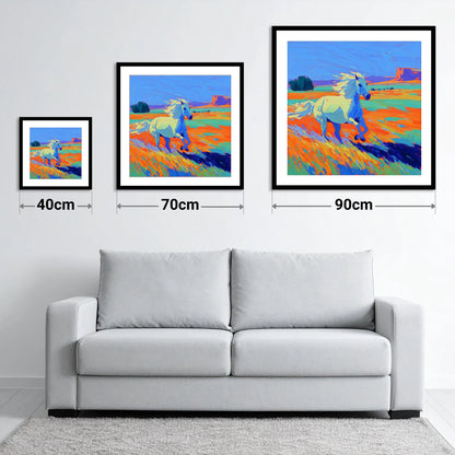 Vibrant Desert Canter - size guide showing 40cm, 70cm and 90cm art prints