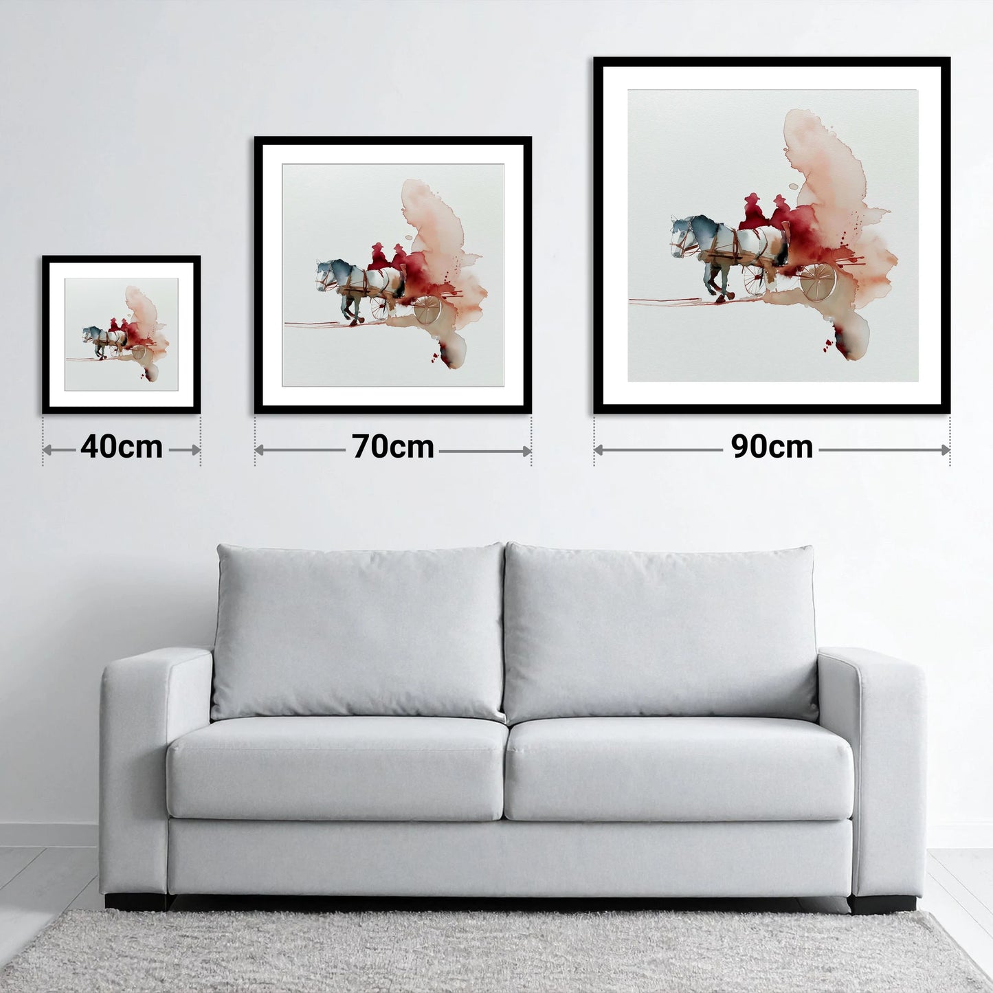 Crimson Passage - size guide showing 40cm, 70cm and 90cm art prints
