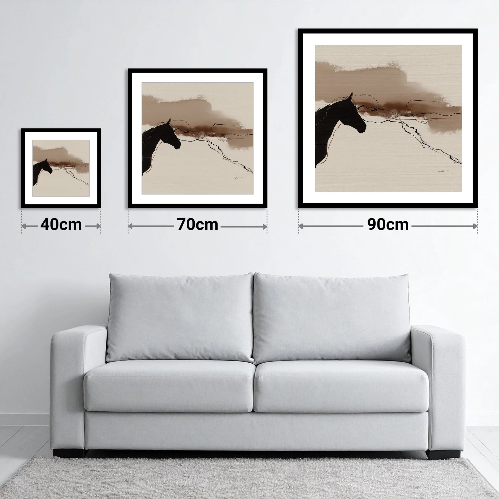 Abstract Sepia Silhouette - size guide showing 40cm, 70cm and 90cm art prints