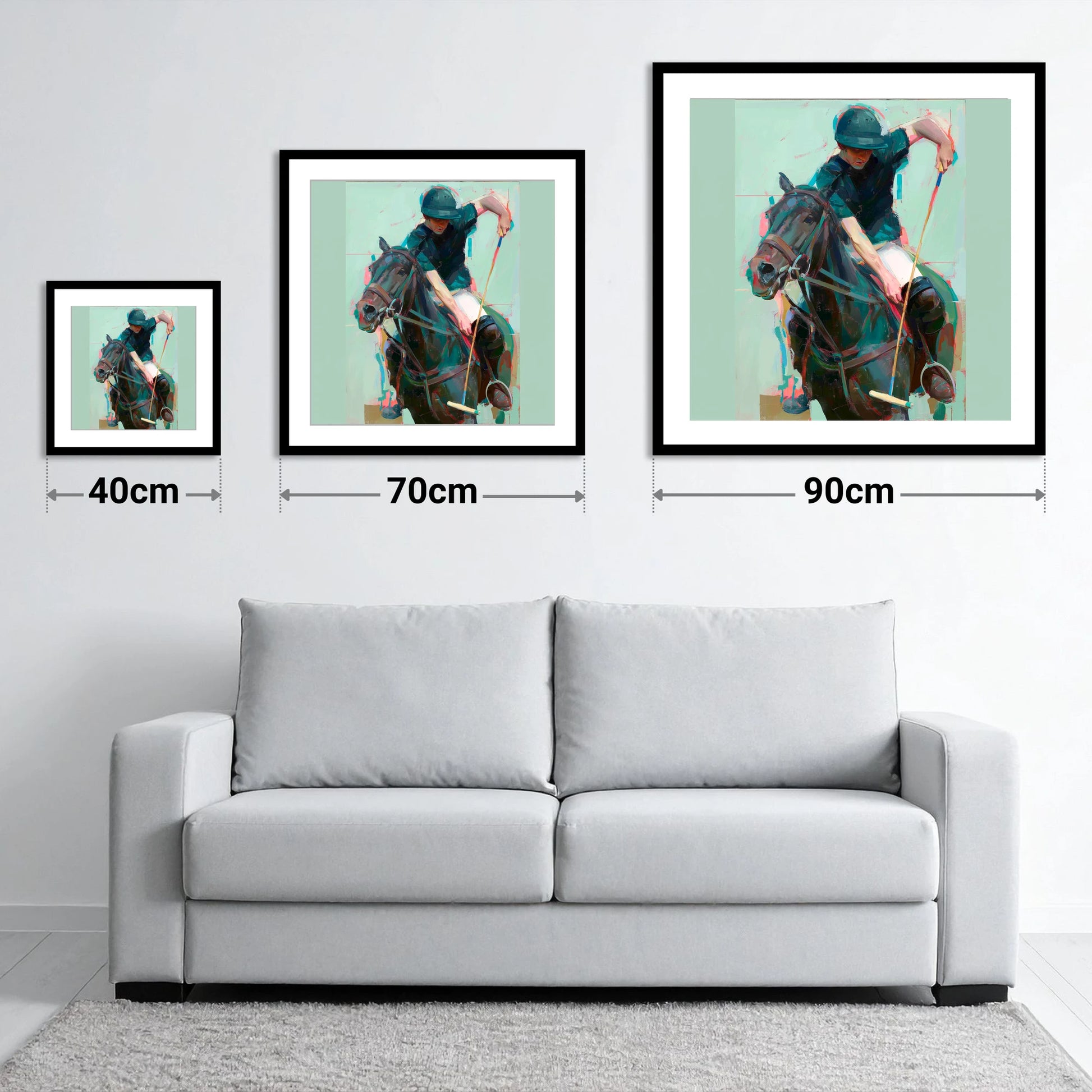The Decisive Swing - size guide showing 40cm, 70cm and 90cm art prints